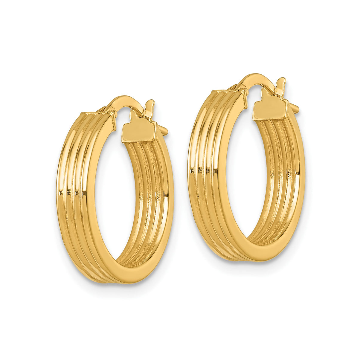 14k Yellow Gold Hoop Earrings, Grooved and Ridged Design, Polished Medium Round Style