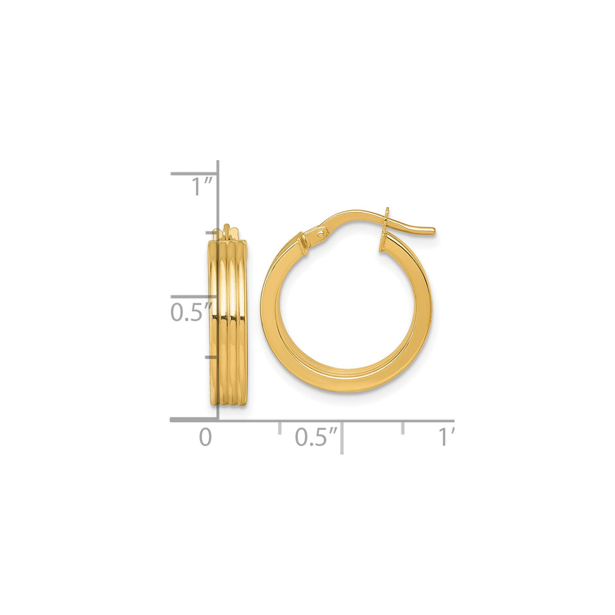 14k Yellow Gold Hoop Earrings, Grooved and Ridged Design, Polished Medium Round Style