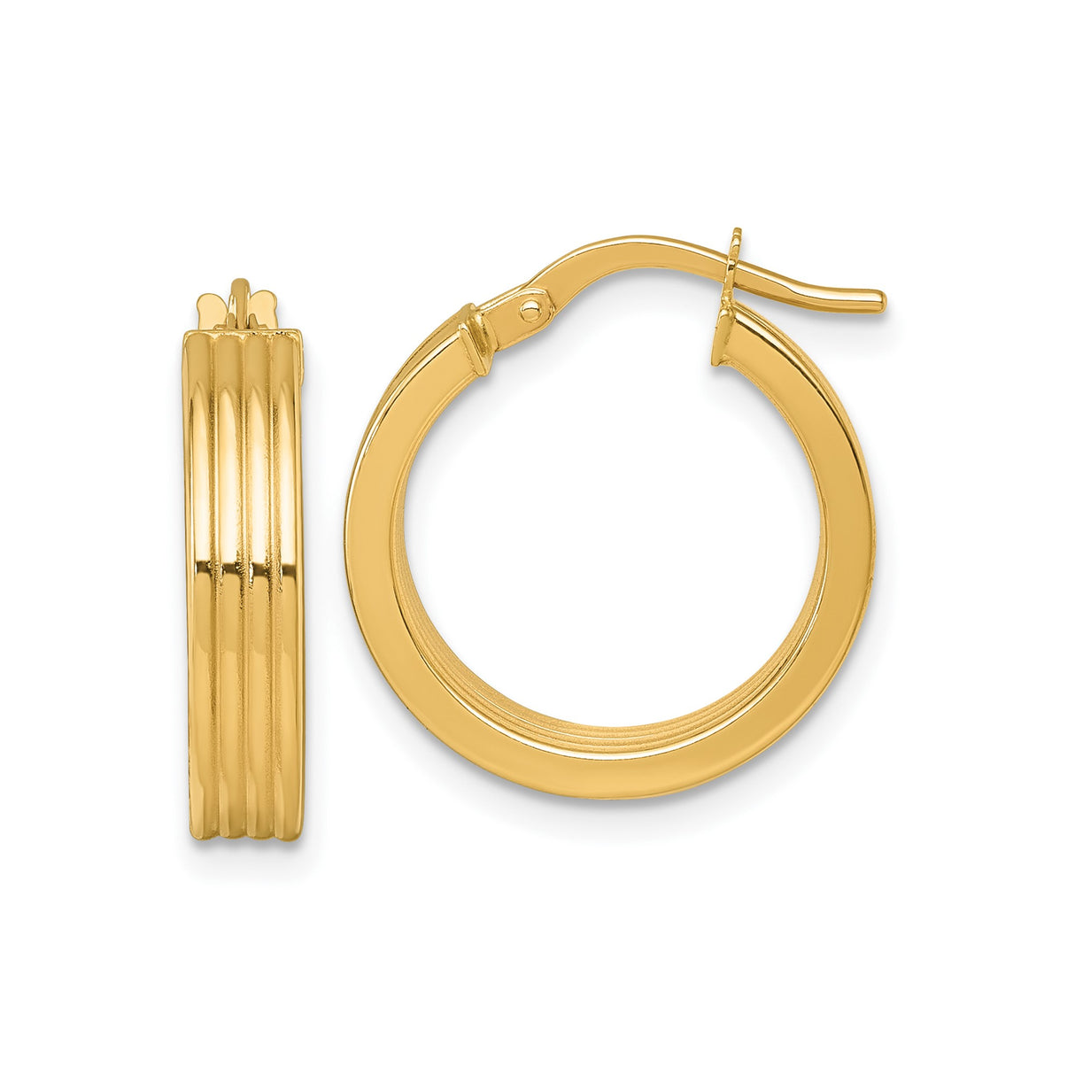 14k Yellow Gold Hoop Earrings, Grooved and Ridged Design, Polished Medium Round Style