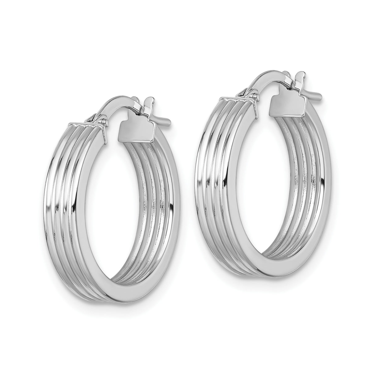 14k White Gold Hoop Earrings, Ribbed Polished Tube Design, Lightweight Medium 18mm Size