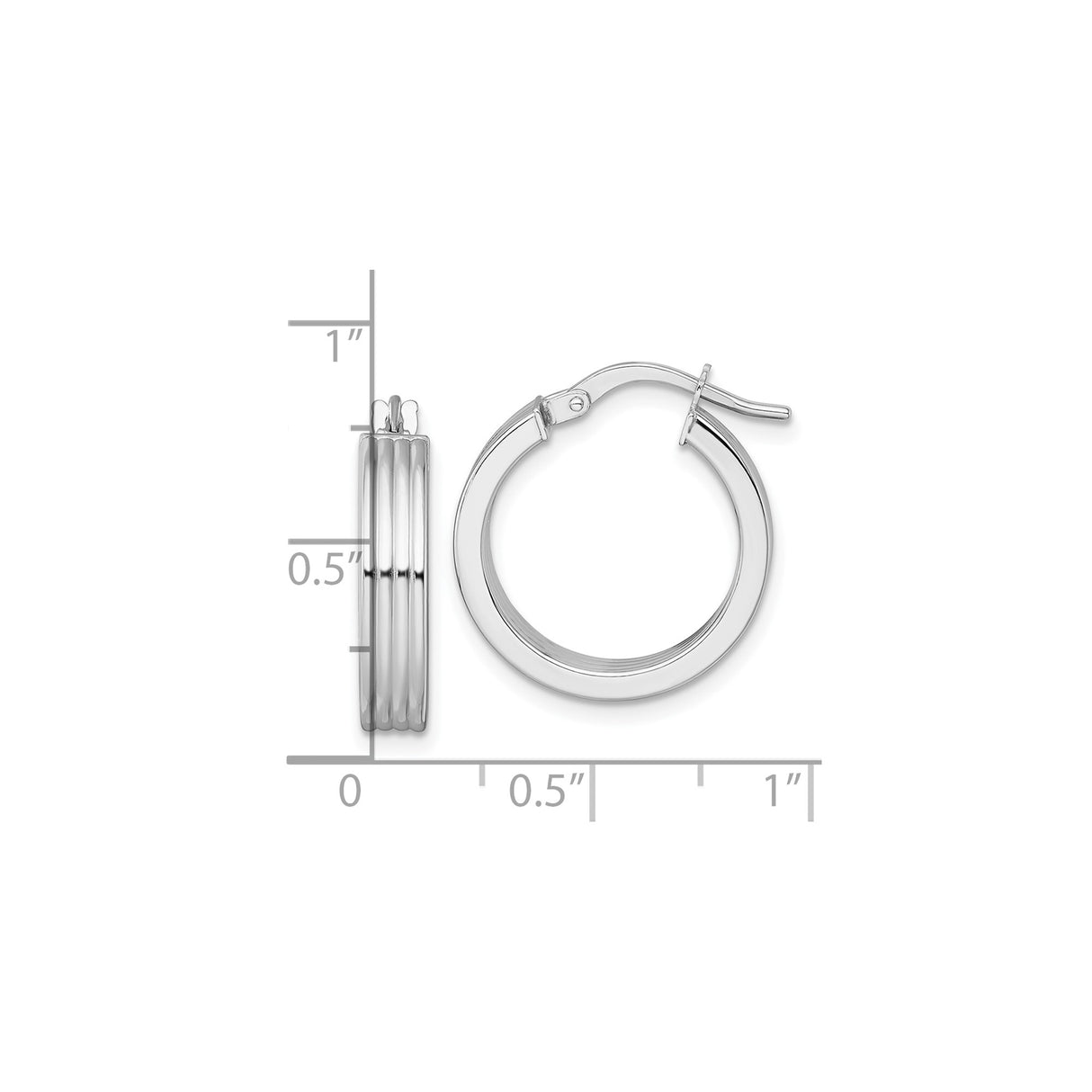 14k White Gold Hoop Earrings, Ribbed Polished Tube Design, Lightweight Medium 18mm Size