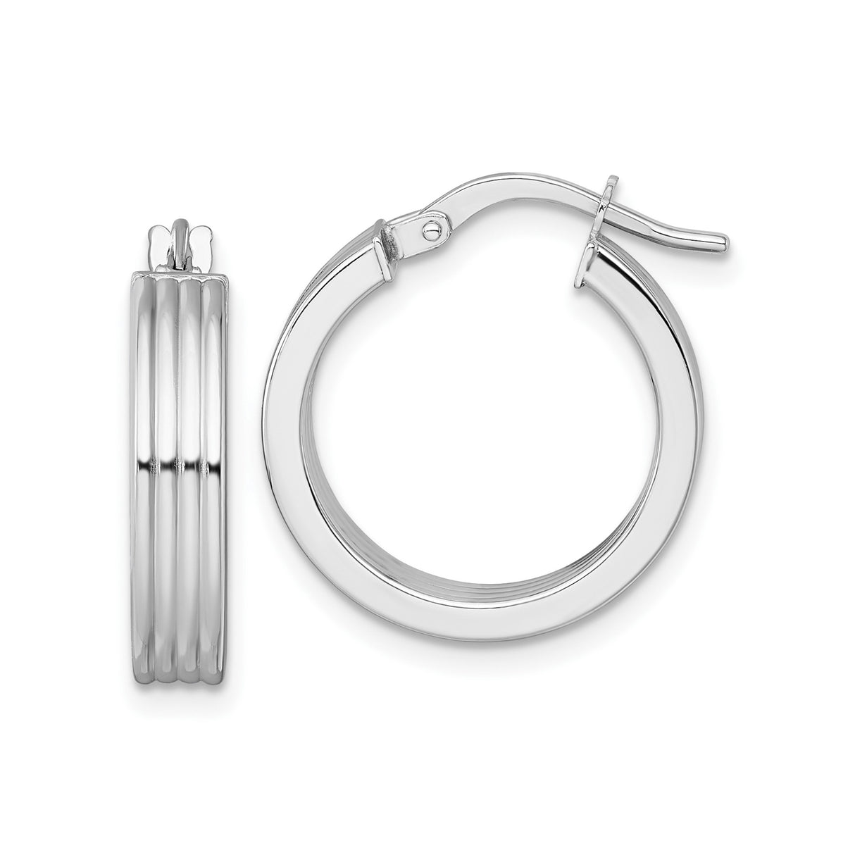 14k White Gold Hoop Earrings, Ribbed Polished Tube Design, Lightweight Medium 18mm Size