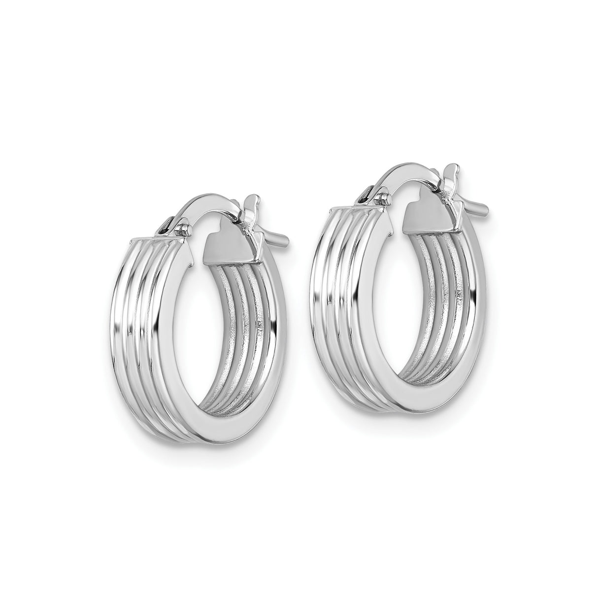 14k White Gold Hoop Earrings with Ribbed Triple Groove Design, Hinged Latch Closure, Oval Shape