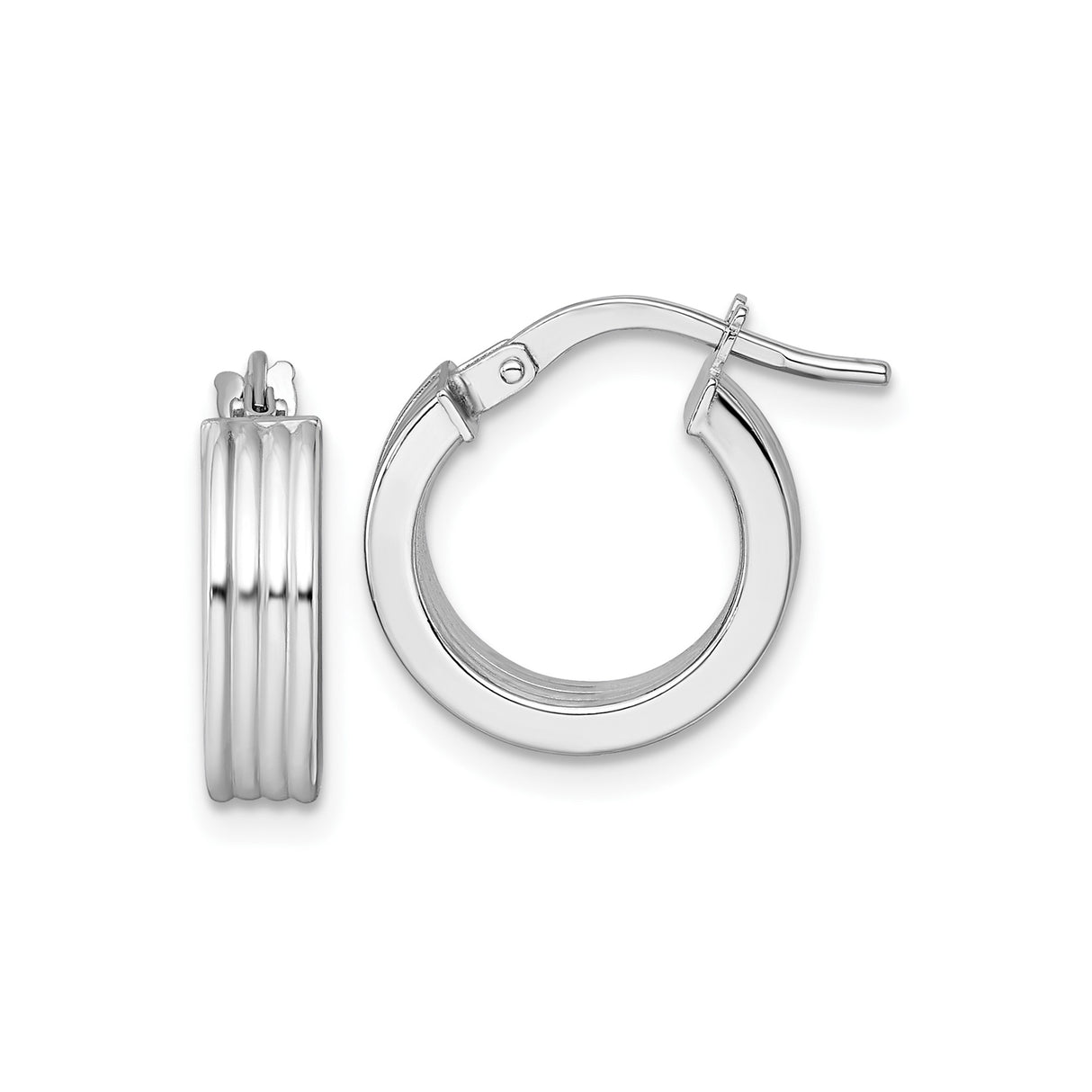 14k White Gold Hoop Earrings with Ribbed Triple Groove Design, Hinged Latch Closure, Oval Shape