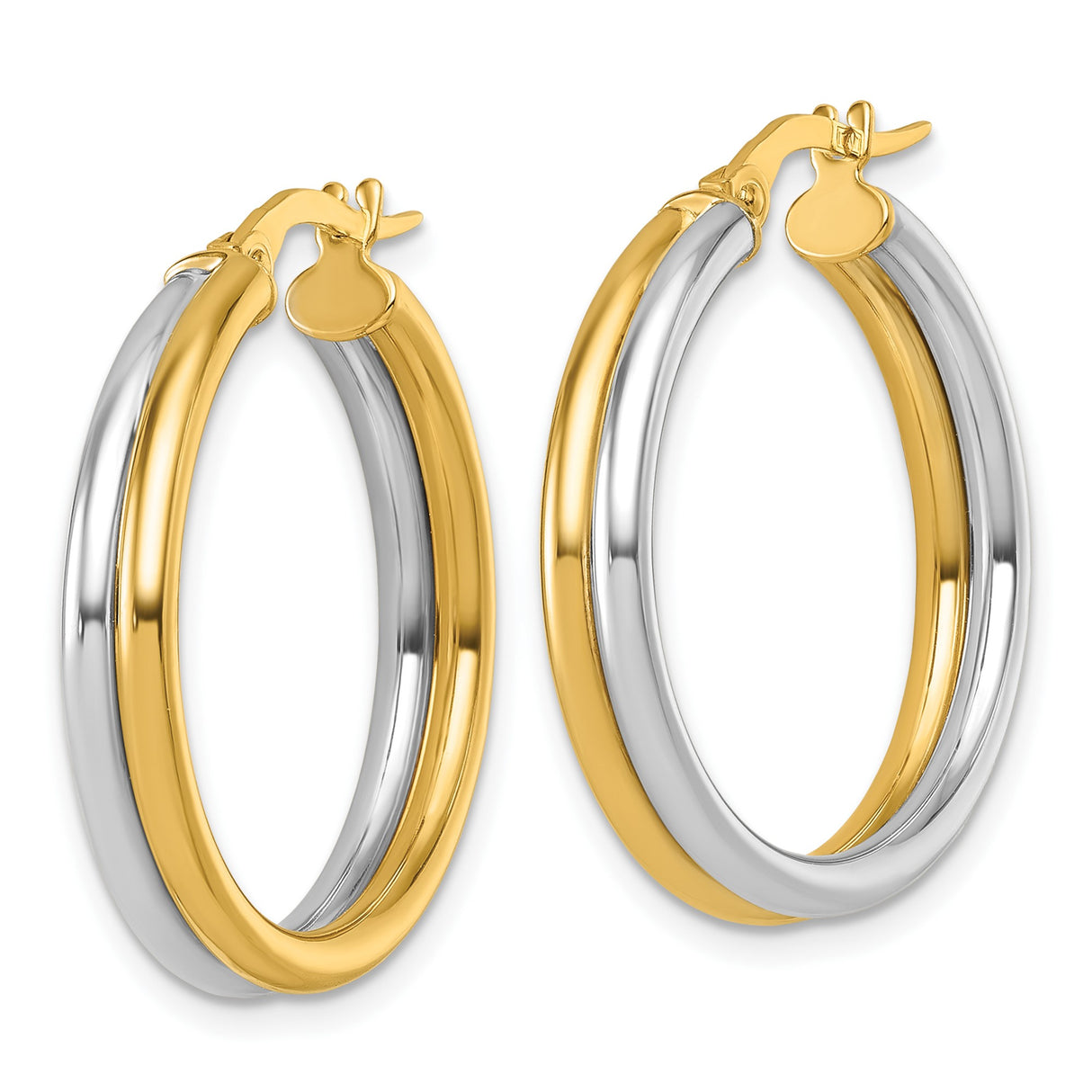 14k Yellow Gold Hoop Earrings, Two-Tone Rhodium Finish, Classic Round Design for Women
