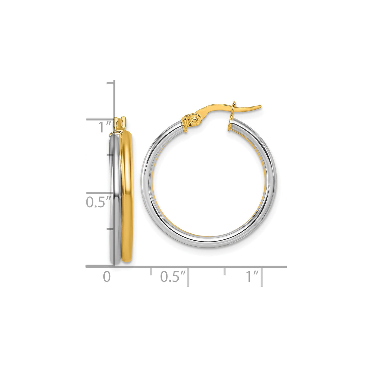 14k Yellow Gold Hoop Earrings, Two-Tone Rhodium Finish, Classic Round Design for Women