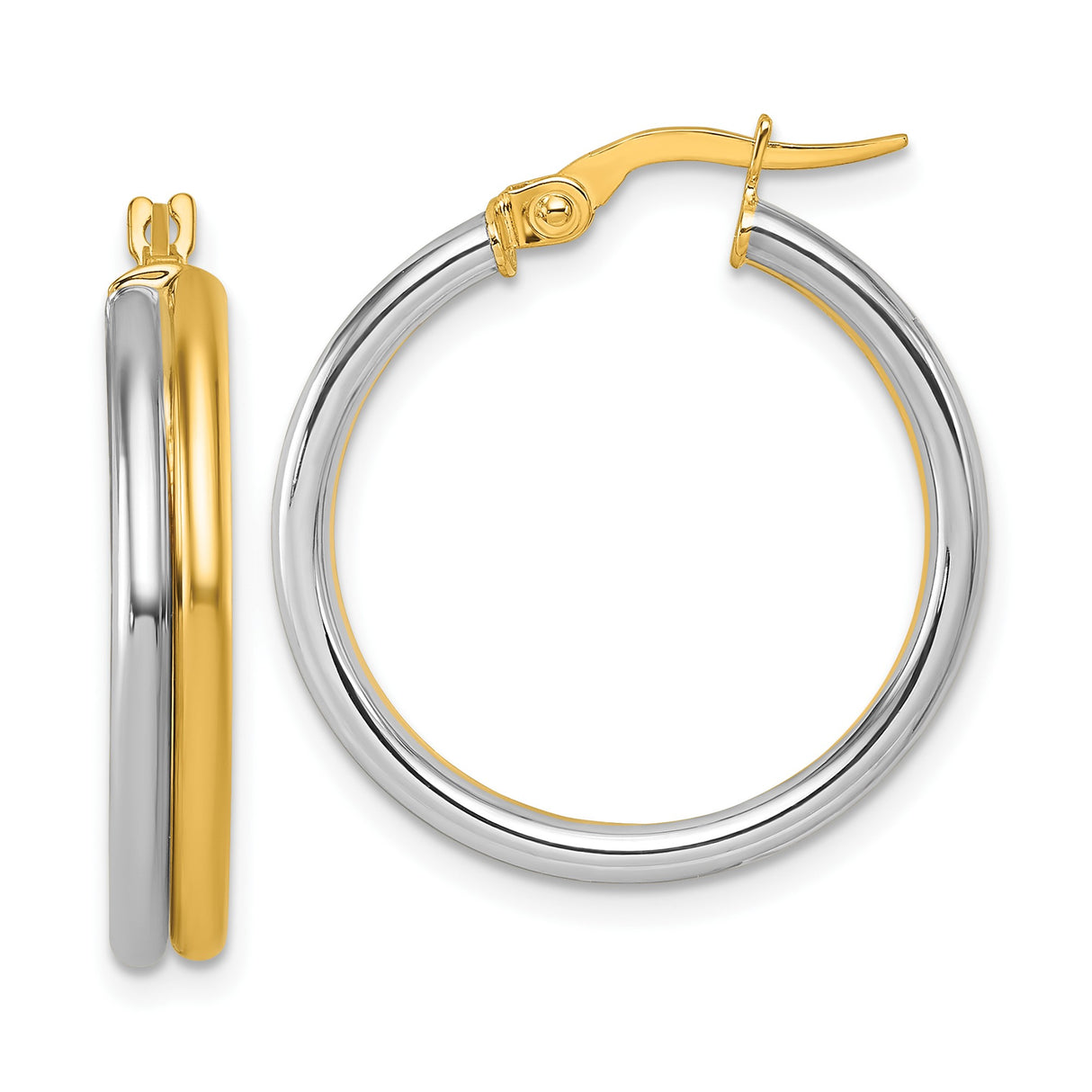 14k Yellow Gold Hoop Earrings, Two-Tone Rhodium Finish, Classic Round Design for Women
