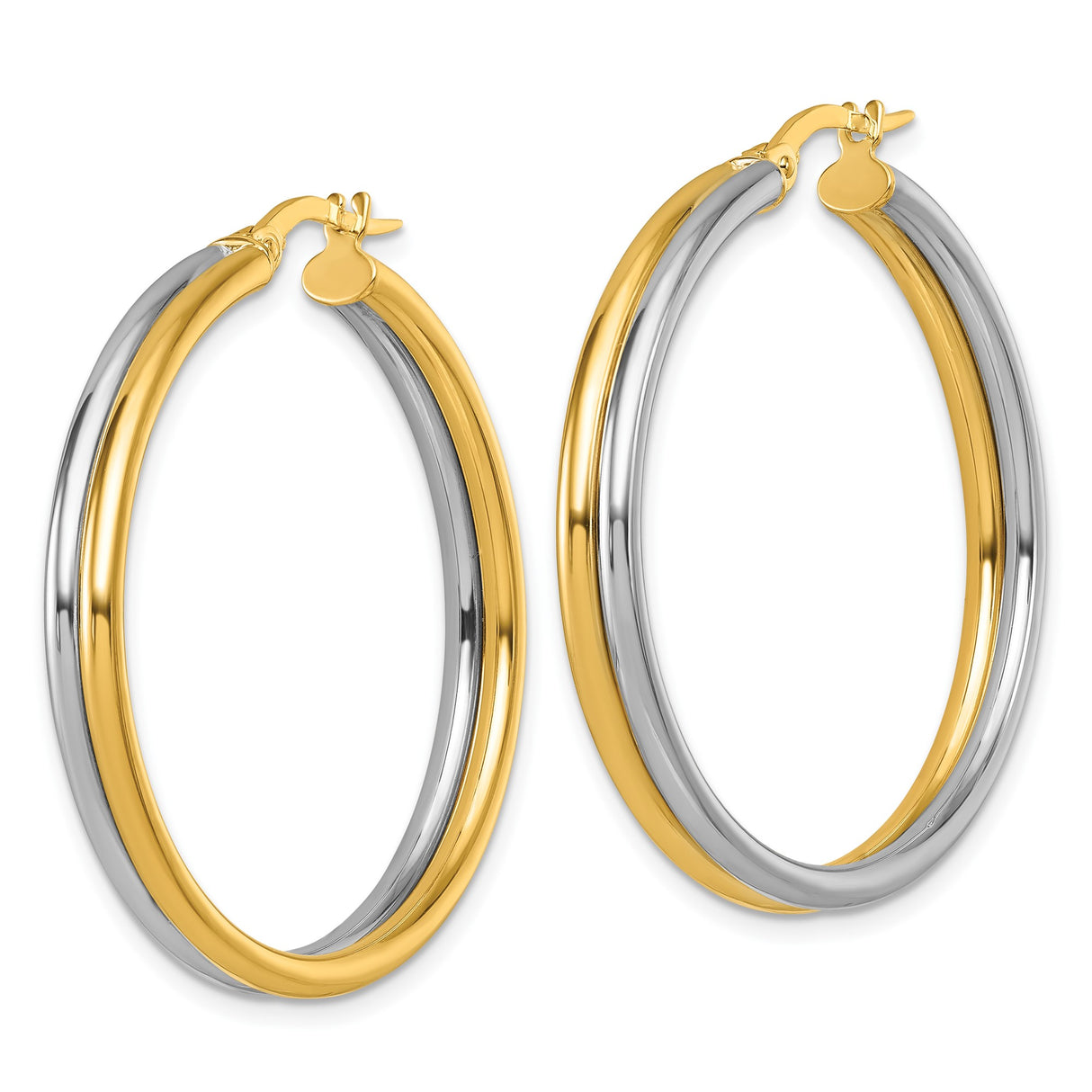 14k Yellow Gold and Rhodium Hoop Earrings, Two-Tone Polished Modern Circle Style for Women