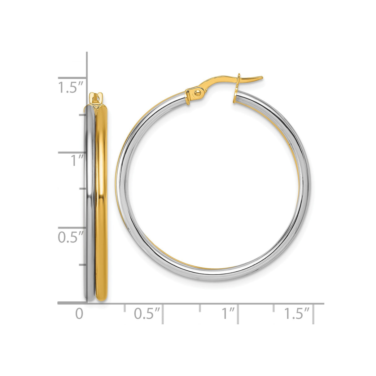 14k Yellow Gold and Rhodium Hoop Earrings, Two-Tone Polished Modern Circle Style for Women