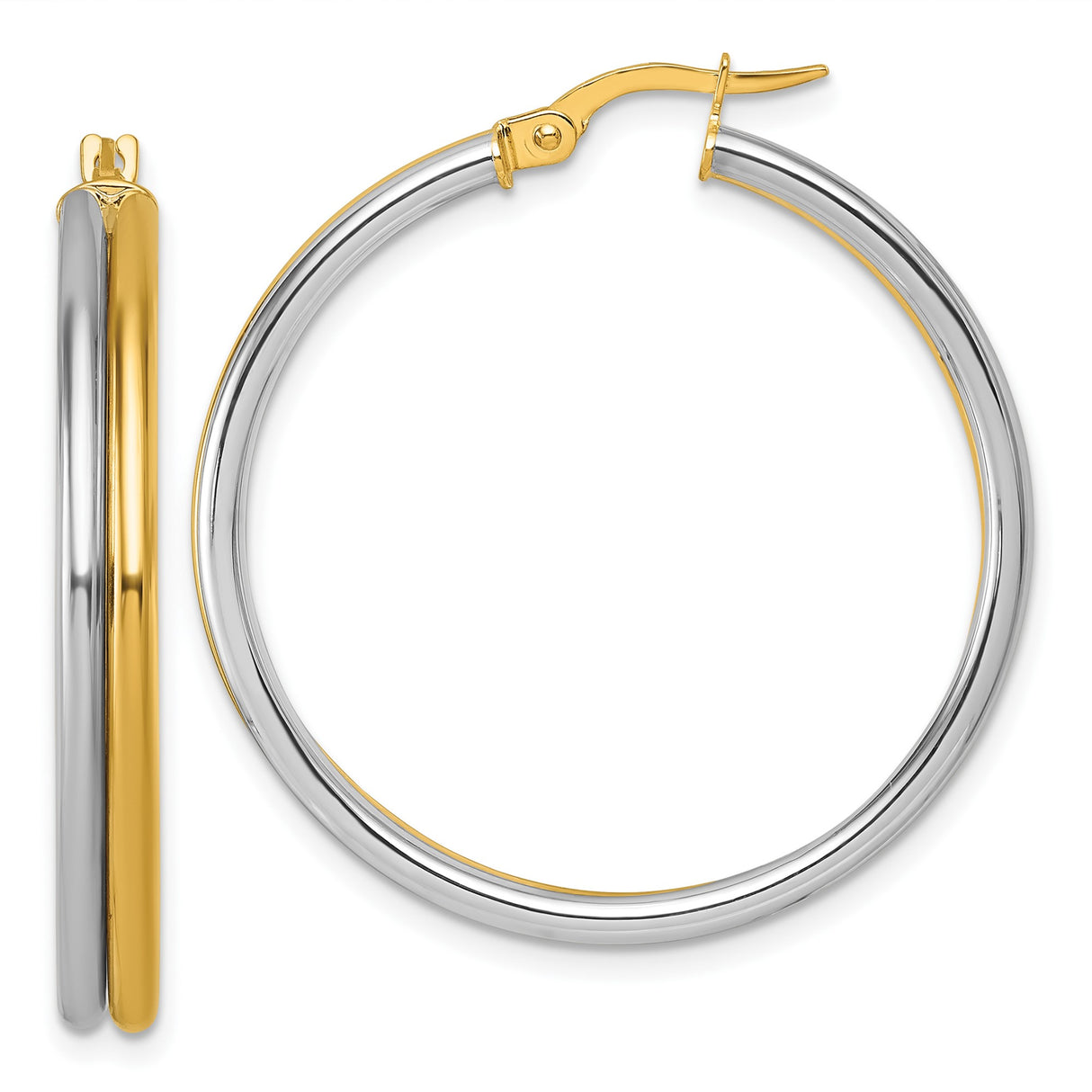 14k Yellow Gold and Rhodium Hoop Earrings, Two-Tone Polished Modern Circle Style for Women