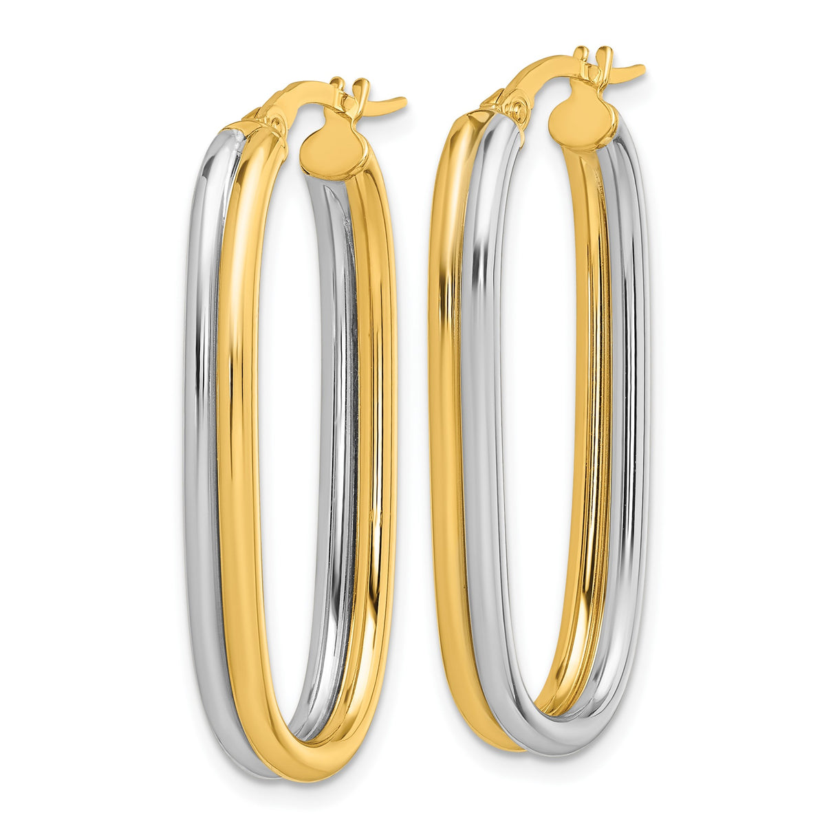 14k Yellow Gold and Rhodium Oval Hoop Earrings, Two-Tone Contemporary Design for Women