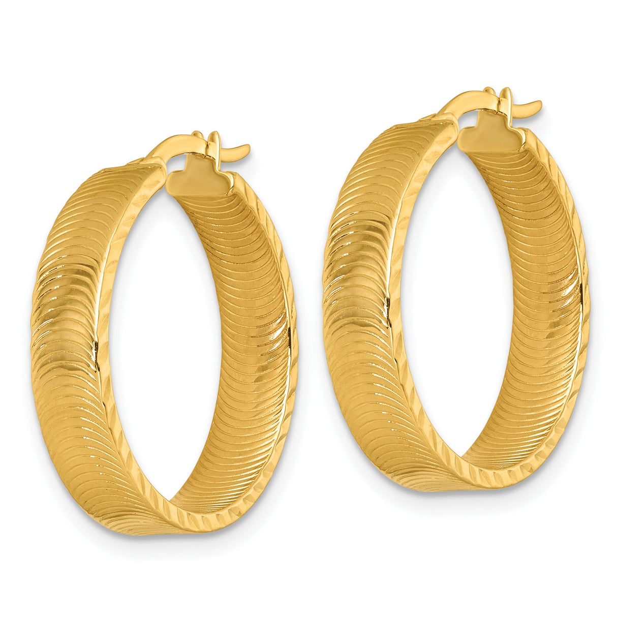 14k Yellow Gold Hoop Earrings with Diamond Cut Wave Pattern and High Polish Finish