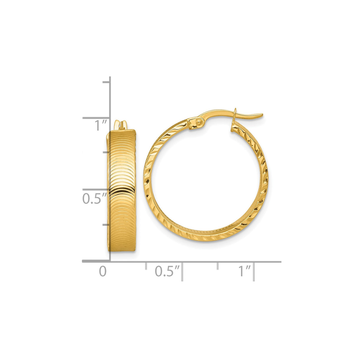 14k Yellow Gold Hoop Earrings with Diamond Cut Wave Pattern and High Polish Finish