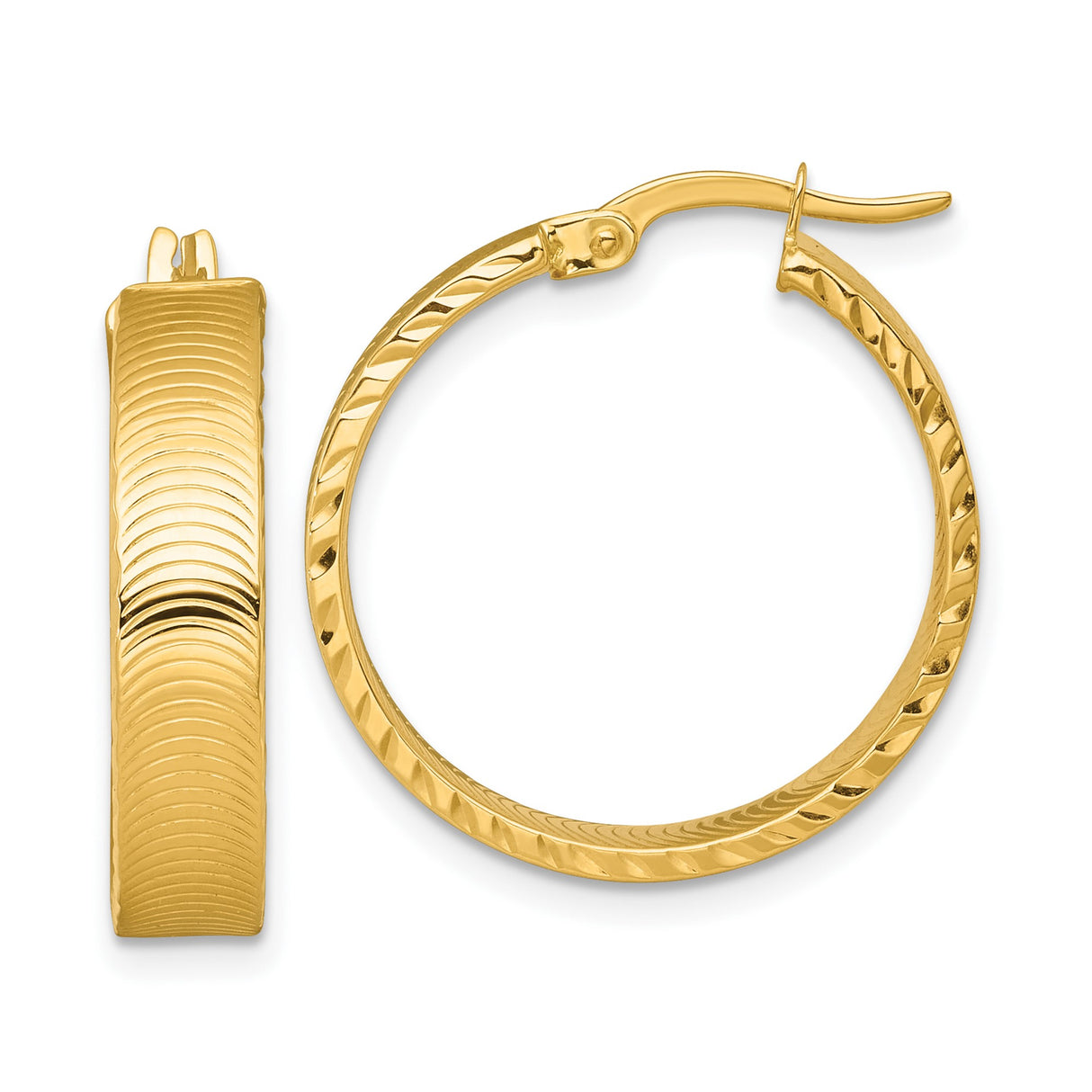 14k Yellow Gold Hoop Earrings with Diamond Cut Wave Pattern and High Polish Finish