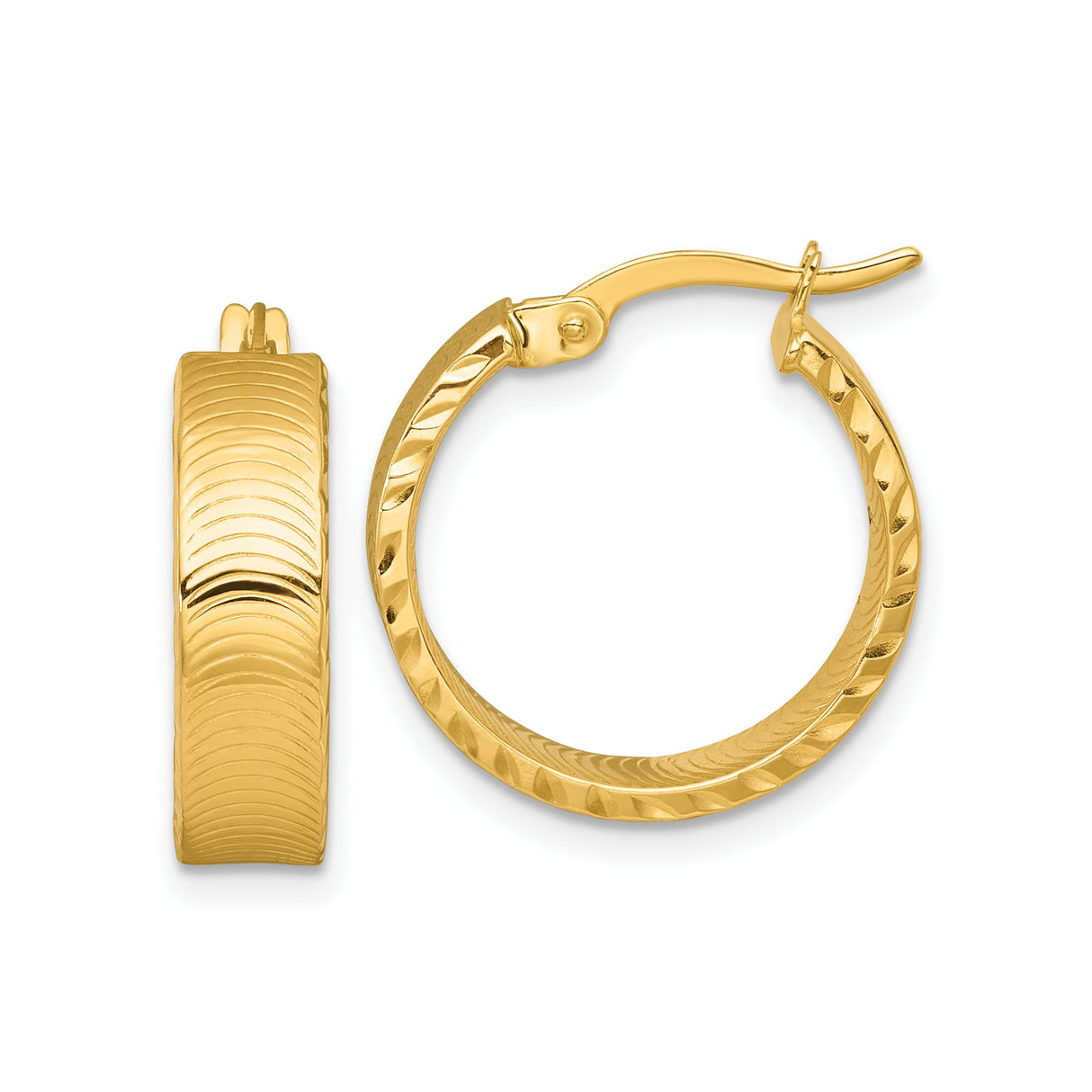 14k Yellow Gold Hoop Earrings, Textured Tube Design, High-Polish Finish, Lightweight Everyday Jewelry