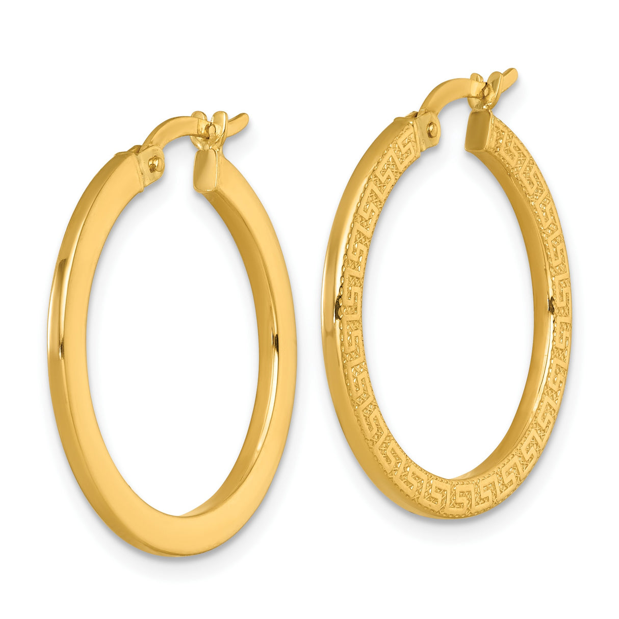 14k Yellow Gold Hoop Earrings with Greek Key Design and Polished Finish