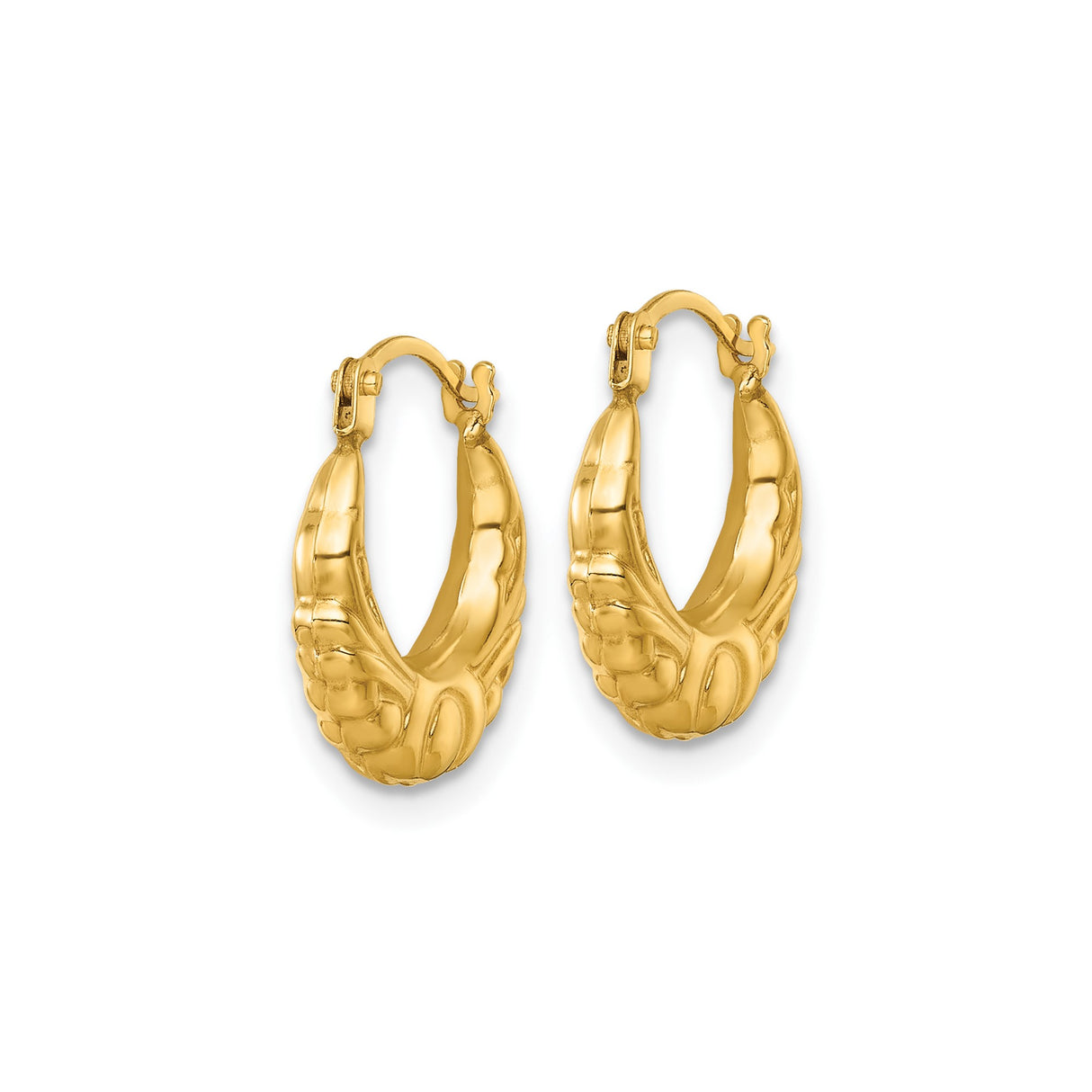 14k Yellow Gold Hoop Earrings, Scalloped Textured Design with Ridged Detail, Vintage Style