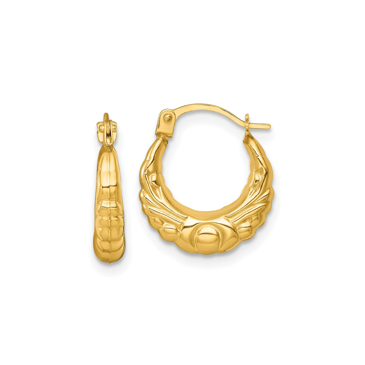 14k Yellow Gold Hoop Earrings, Scalloped Textured Design with Ridged Detail, Vintage Style