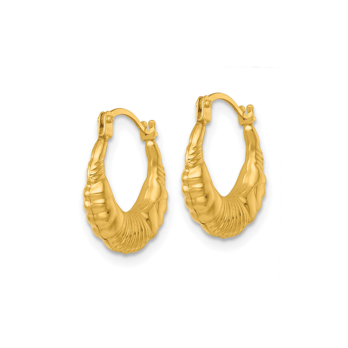 14k Yellow Gold Hoop Earrings with Twisted Scalloped Design, Lightweight Vintage Style Huggies