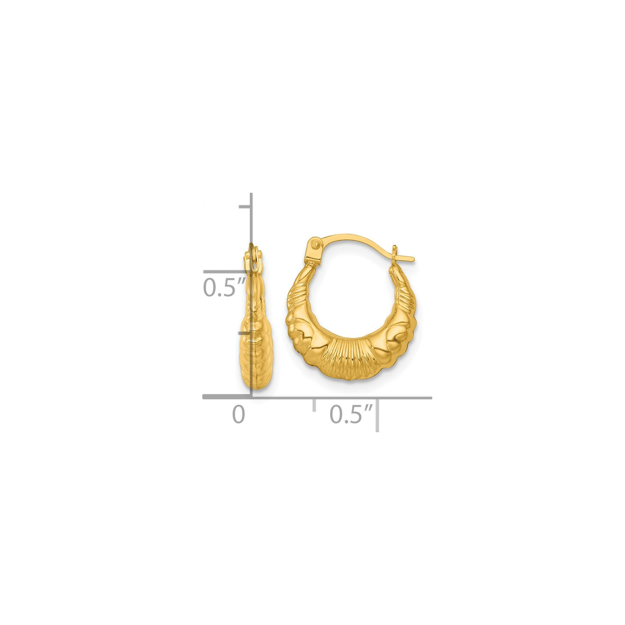 14k Yellow Gold Hoop Earrings with Twisted Scalloped Design, Lightweight Vintage Style Huggies