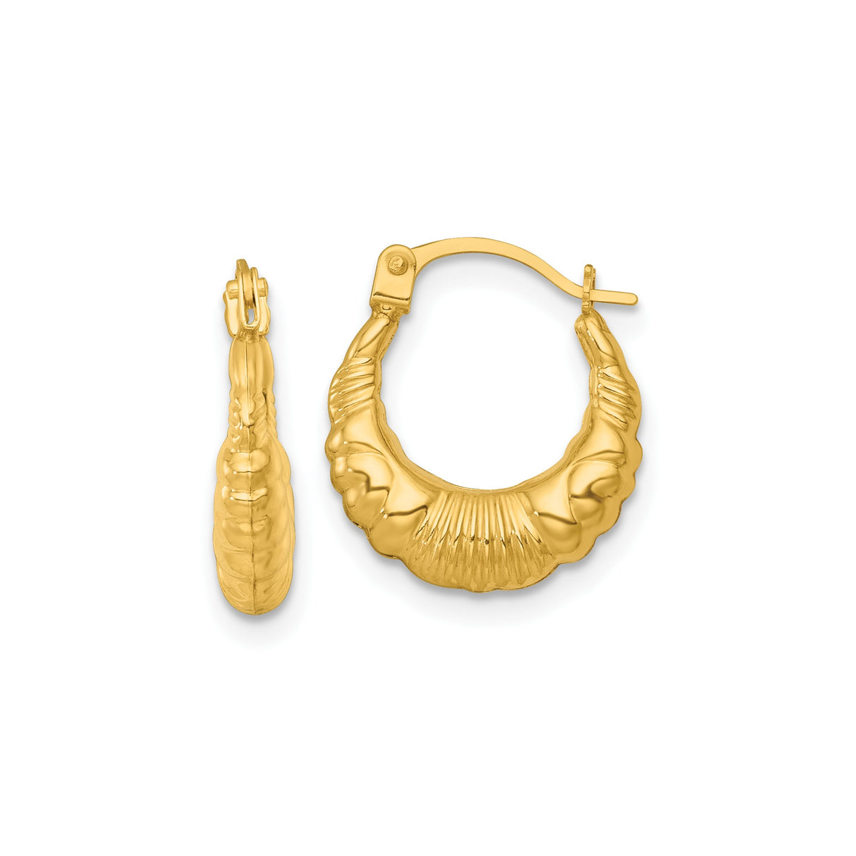 14k Yellow Gold Hoop Earrings with Twisted Scalloped Design, Lightweight Vintage Style Huggies