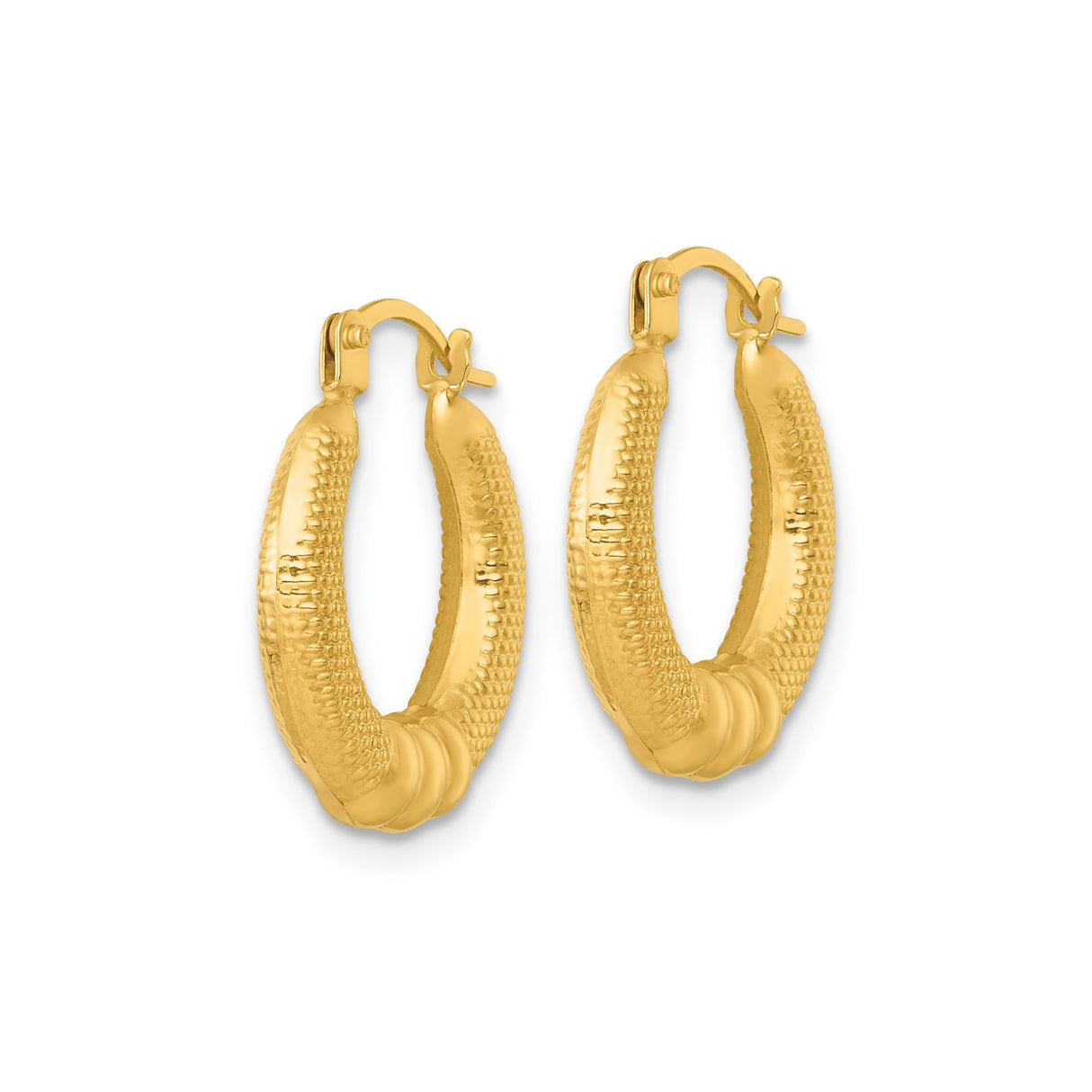 14k Yellow Gold Hoop Earrings with Textured Ribbed Design, Lightweight Polished Finish