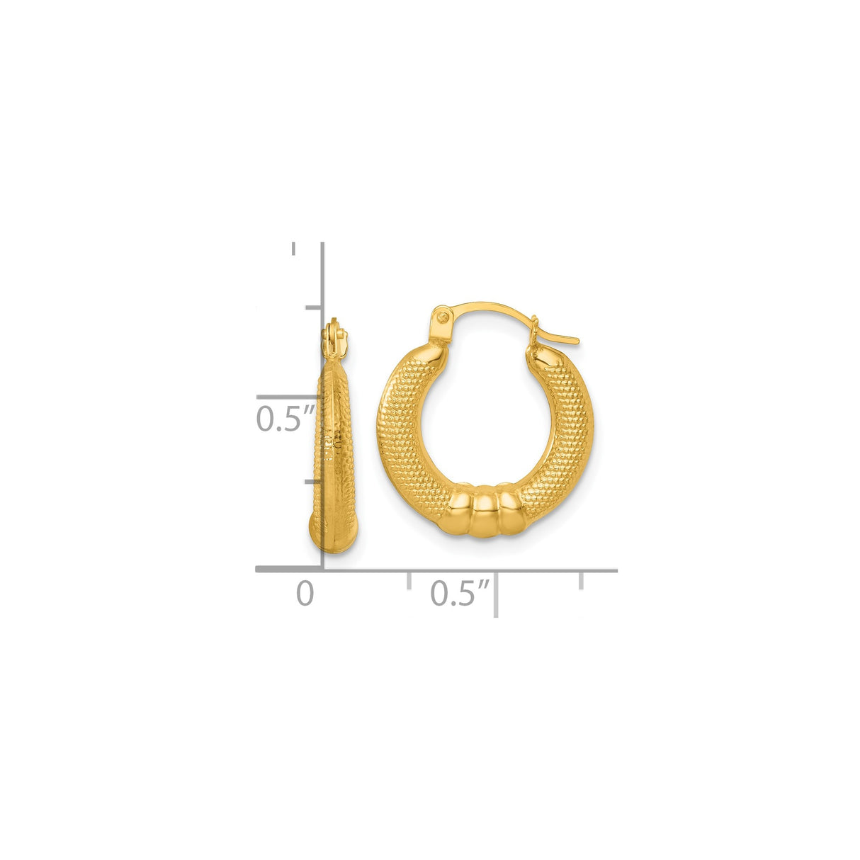 14k Yellow Gold Hoop Earrings with Textured Ribbed Design, Lightweight Polished Finish