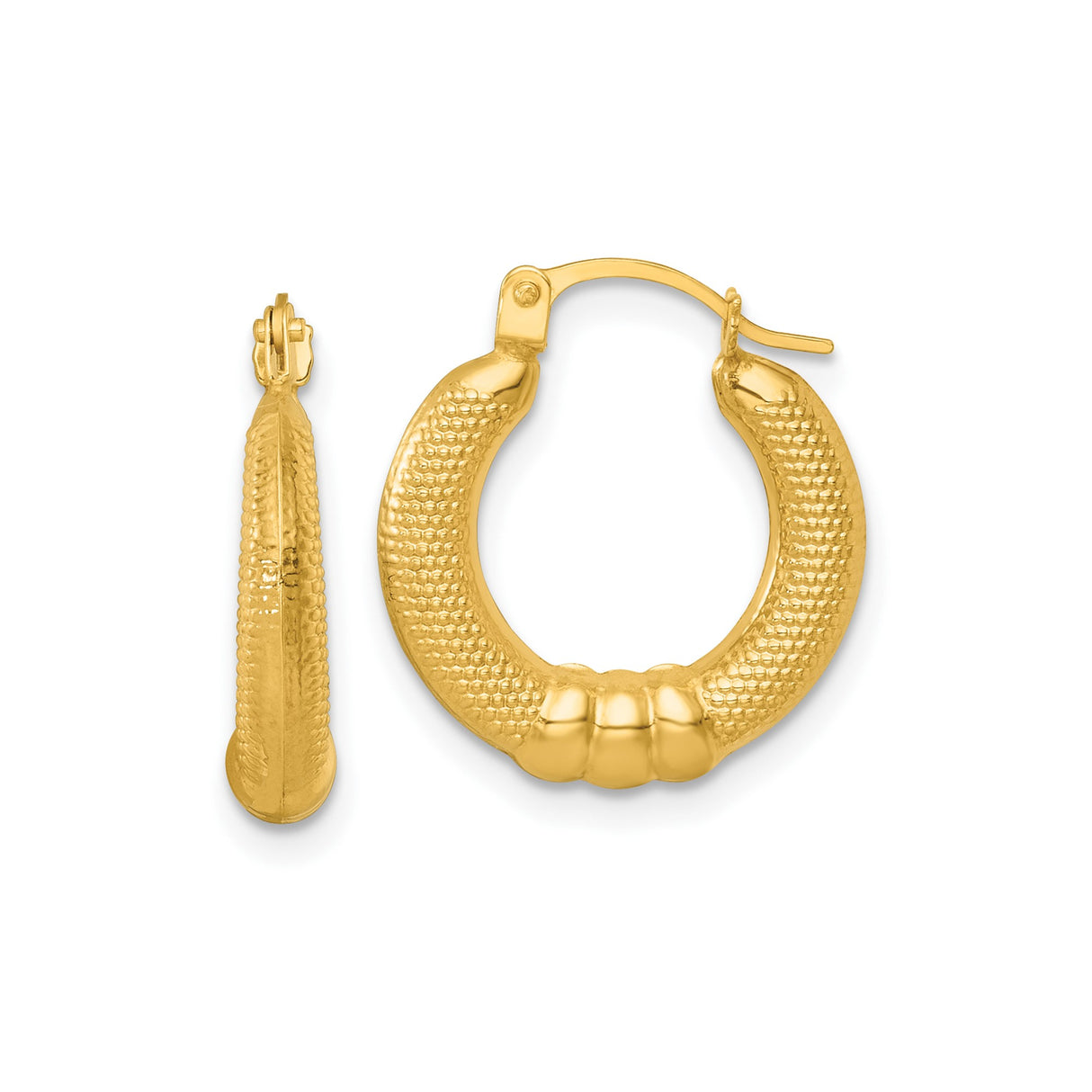 14k Yellow Gold Hoop Earrings with Textured Ribbed Design, Lightweight Polished Finish