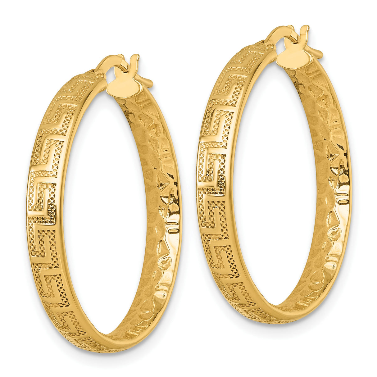 14k Yellow Gold Hoop Earrings with Greek Key Design and Polished Textured Finish for Women