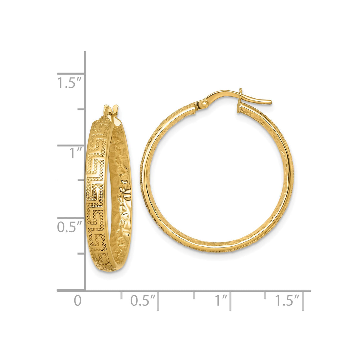 14k Yellow Gold Hoop Earrings with Greek Key Design and Polished Textured Finish for Women