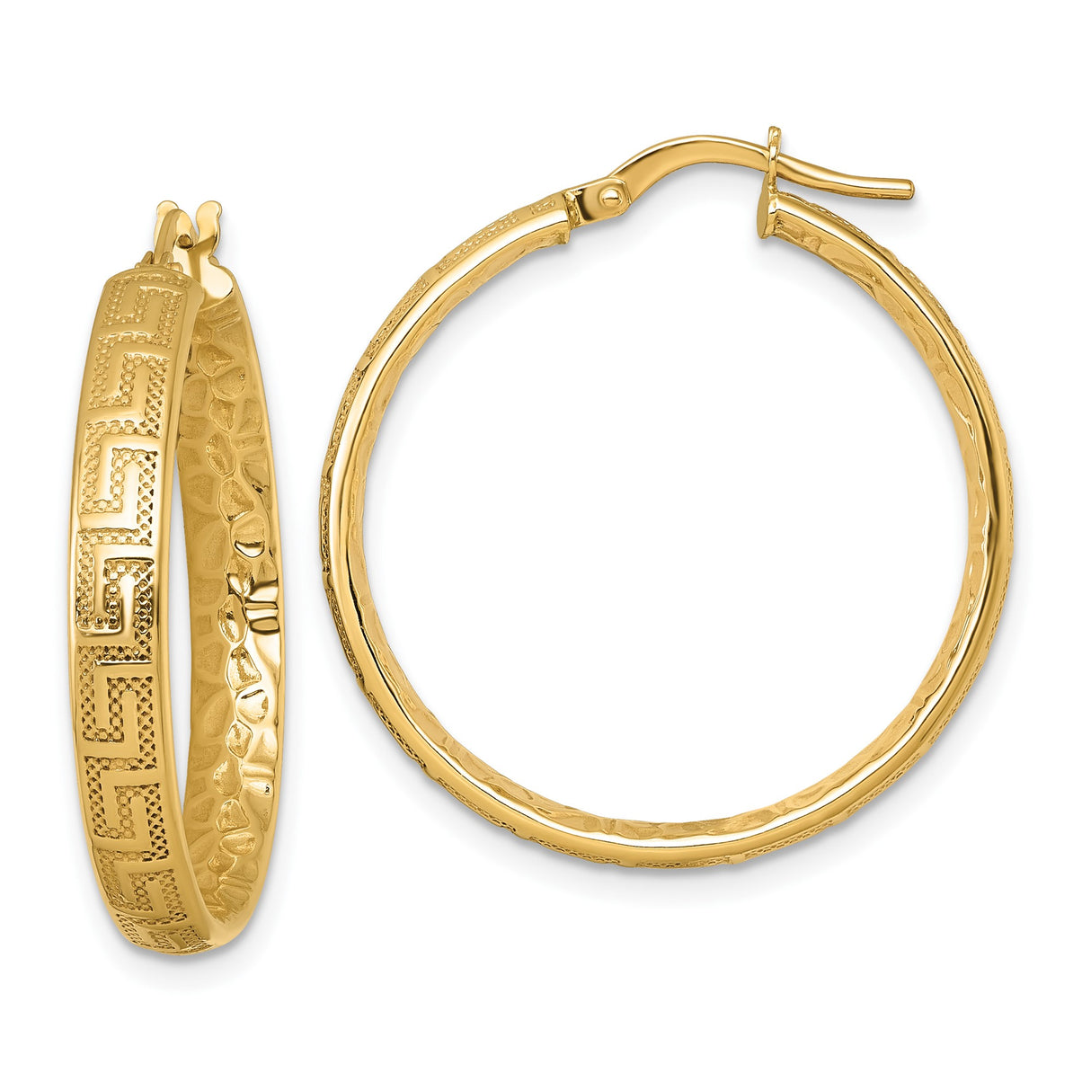 14k Yellow Gold Hoop Earrings with Greek Key Design and Polished Textured Finish for Women