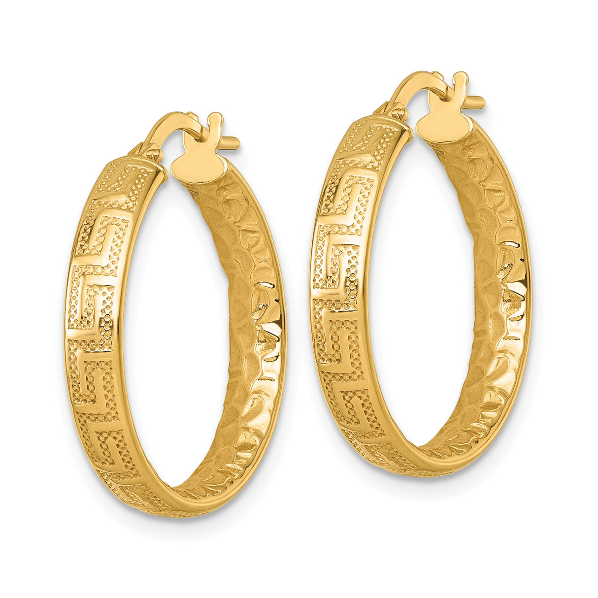 14k Yellow Gold Hoop Earrings with Hammered Finish and Greek Key Pattern