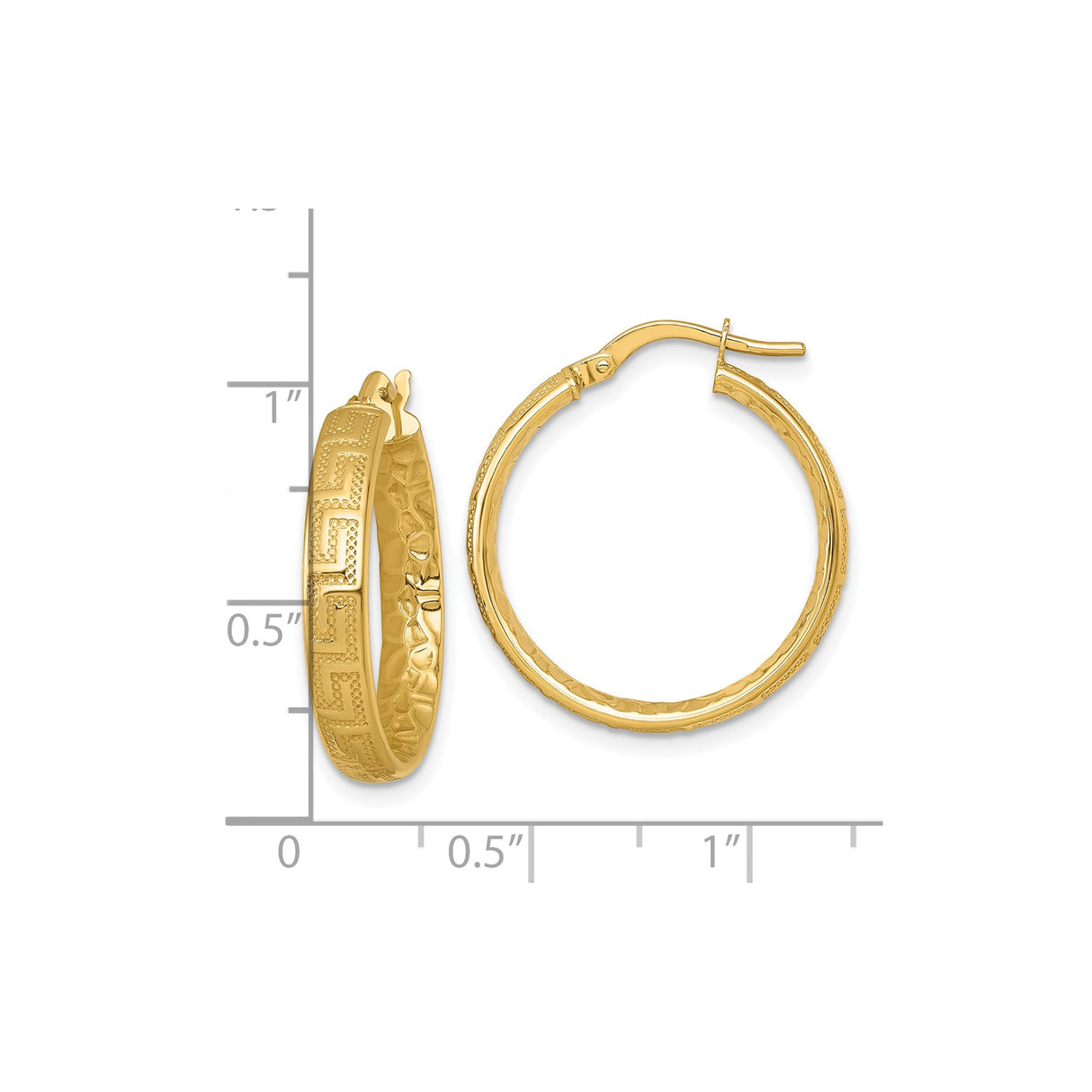 14k Yellow Gold Hoop Earrings with Hammered Finish and Greek Key Pattern