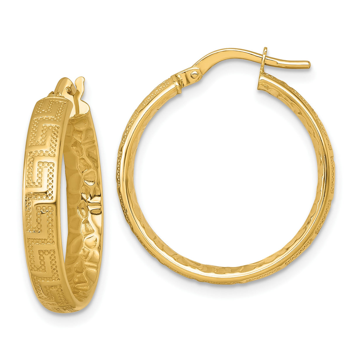 14k Yellow Gold Hoop Earrings with Hammered Finish and Greek Key Pattern