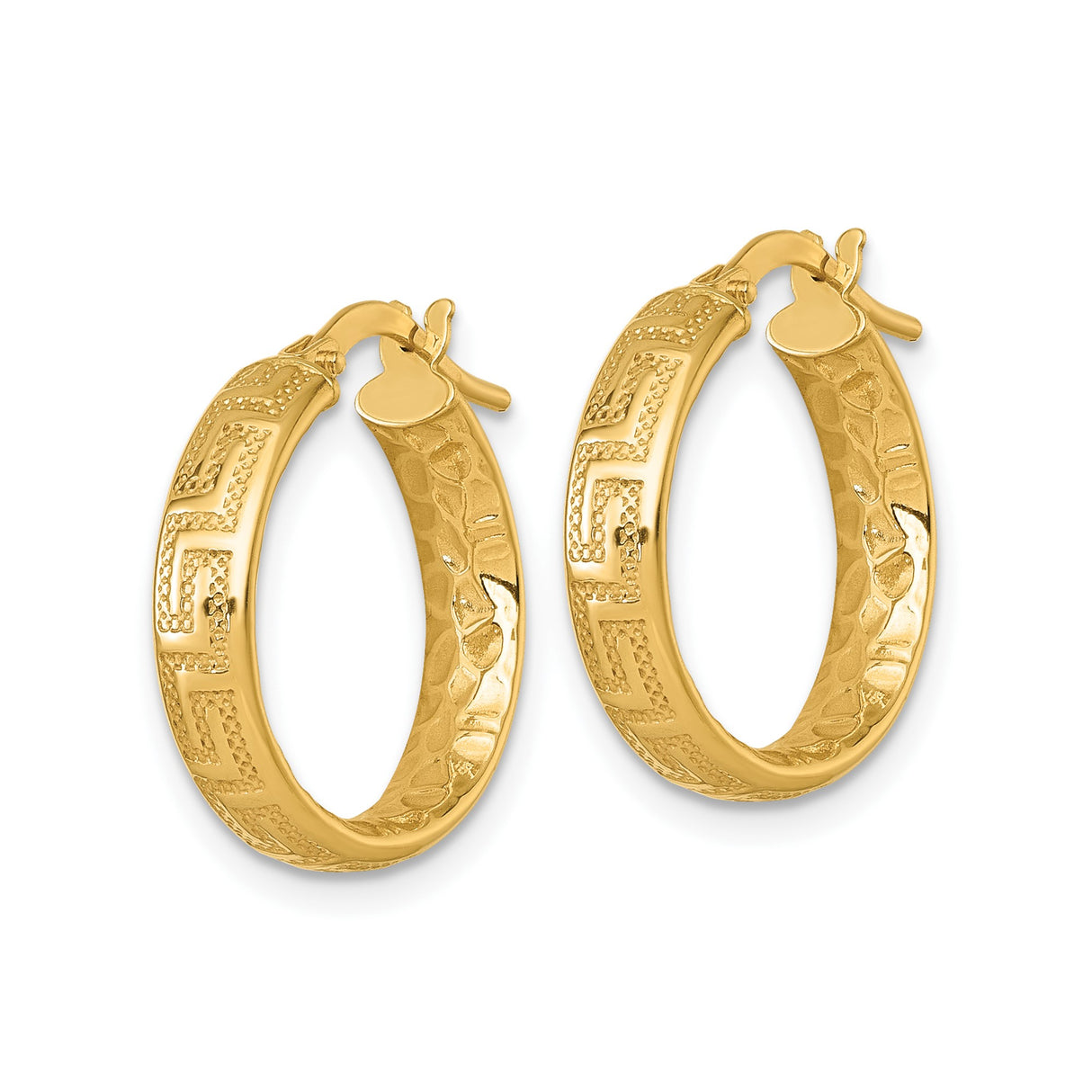 14k Yellow Gold Hoop Earrings with Greek Key Pattern and Hammered Texture
