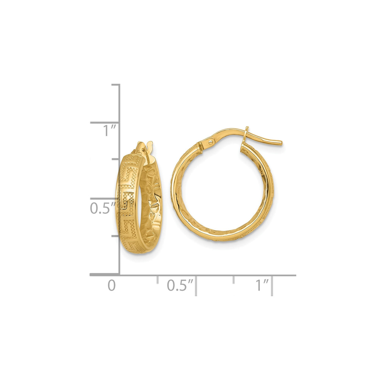 14k Yellow Gold Hoop Earrings with Greek Key Pattern and Hammered Texture