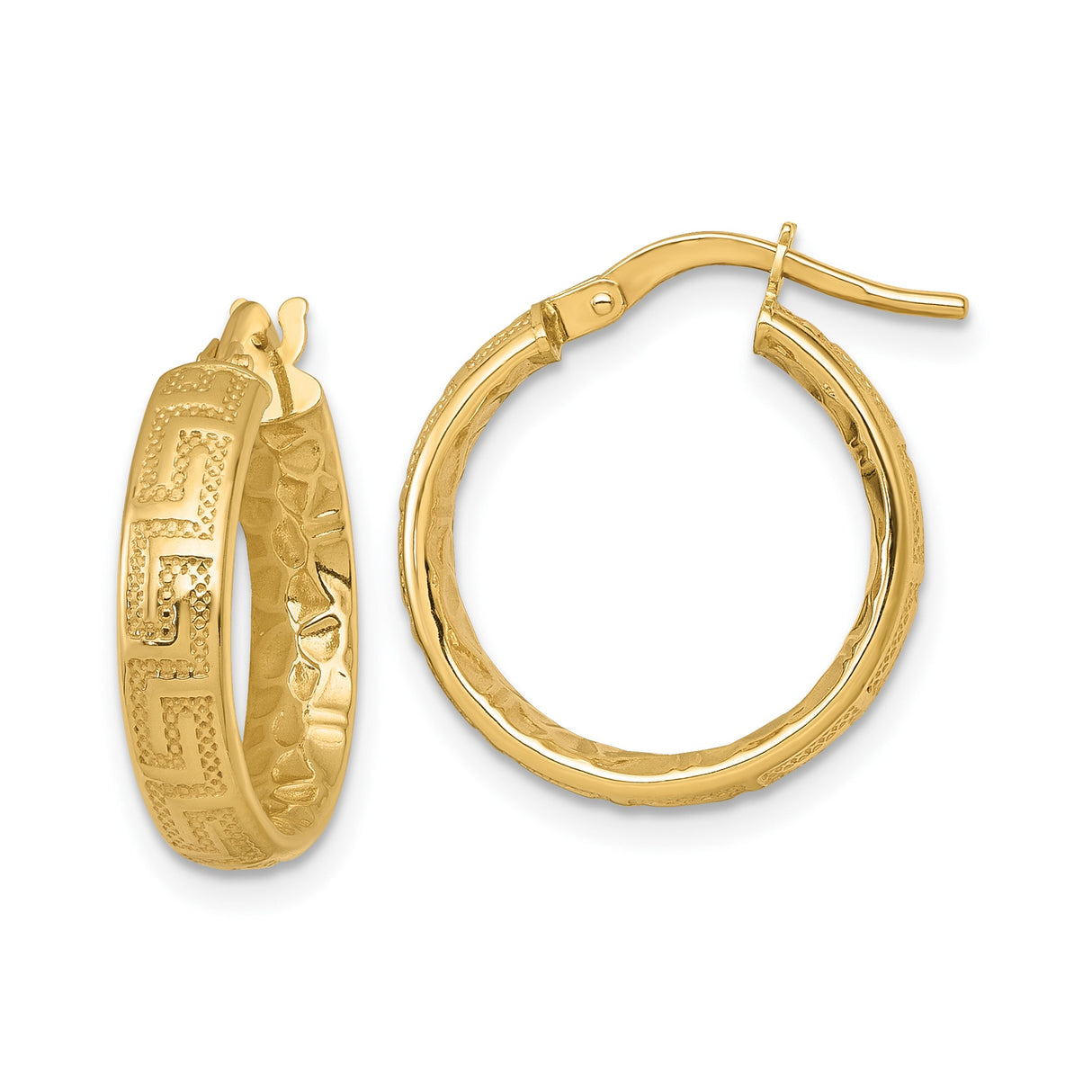 14k Yellow Gold Hoop Earrings with Greek Key Pattern and Hammered Texture