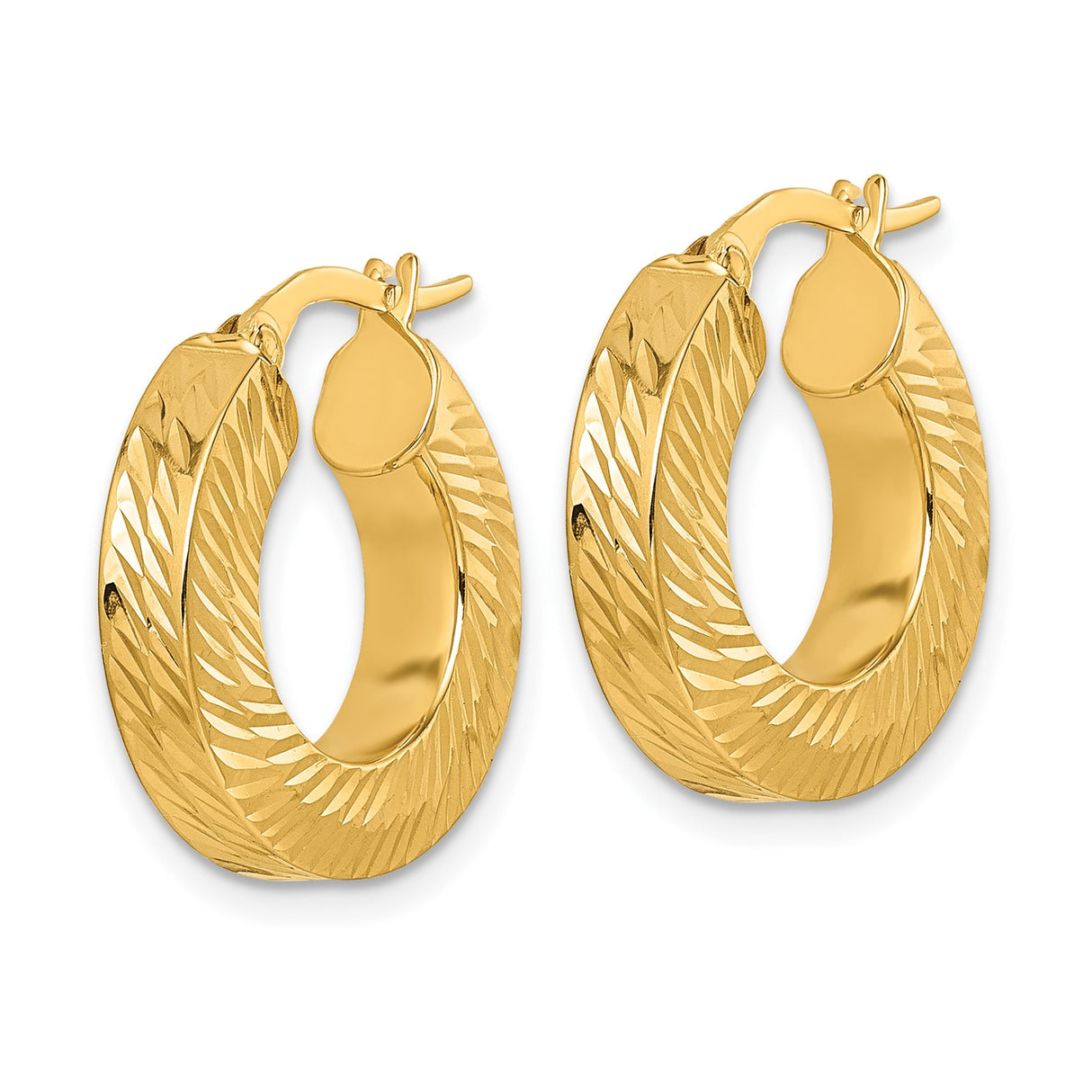 14k Yellow Gold Hoop Earrings, Twisted Diamond Cut Square Tube, Polished Lightweight Design