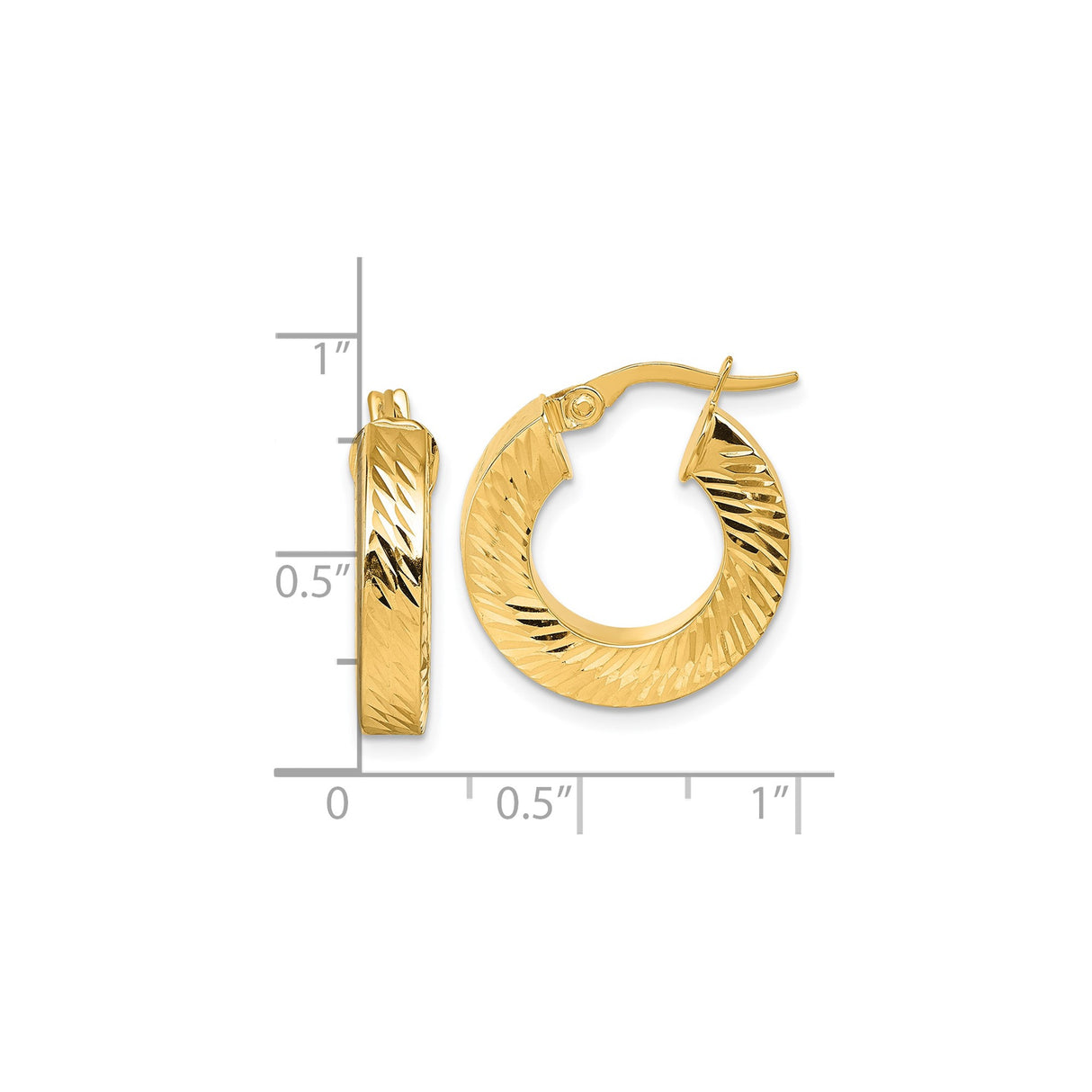 14k Yellow Gold Hoop Earrings, Twisted Diamond Cut Square Tube, Polished Lightweight Design