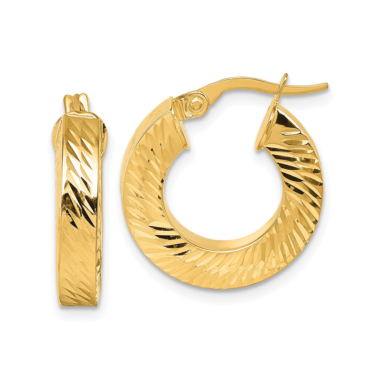 14k Yellow Gold Hoop Earrings, Twisted Diamond Cut Square Tube, Polished Lightweight Design