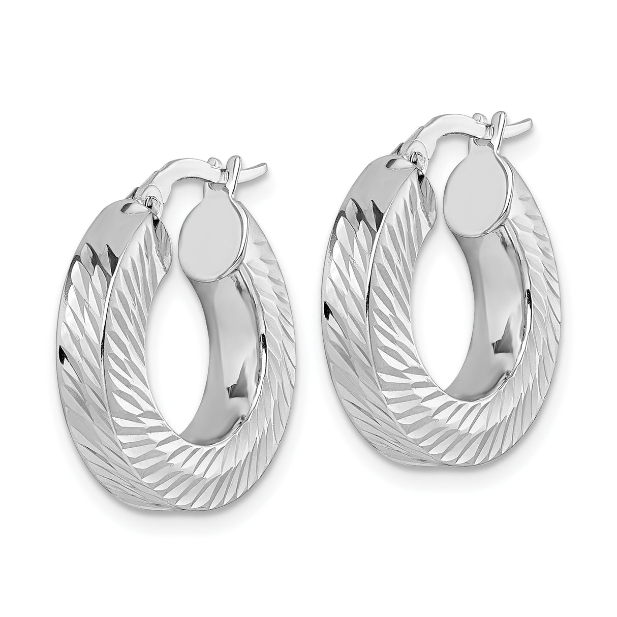 14k Yellow Gold Hoop Earrings, Diamond Cut Round Dual Tone Rhodium Accents, Medium Size