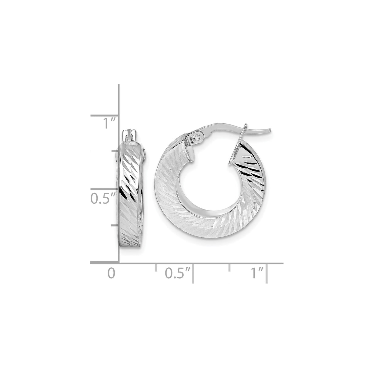 14k Yellow Gold Hoop Earrings, Diamond Cut Round Dual Tone Rhodium Accents, Medium Size