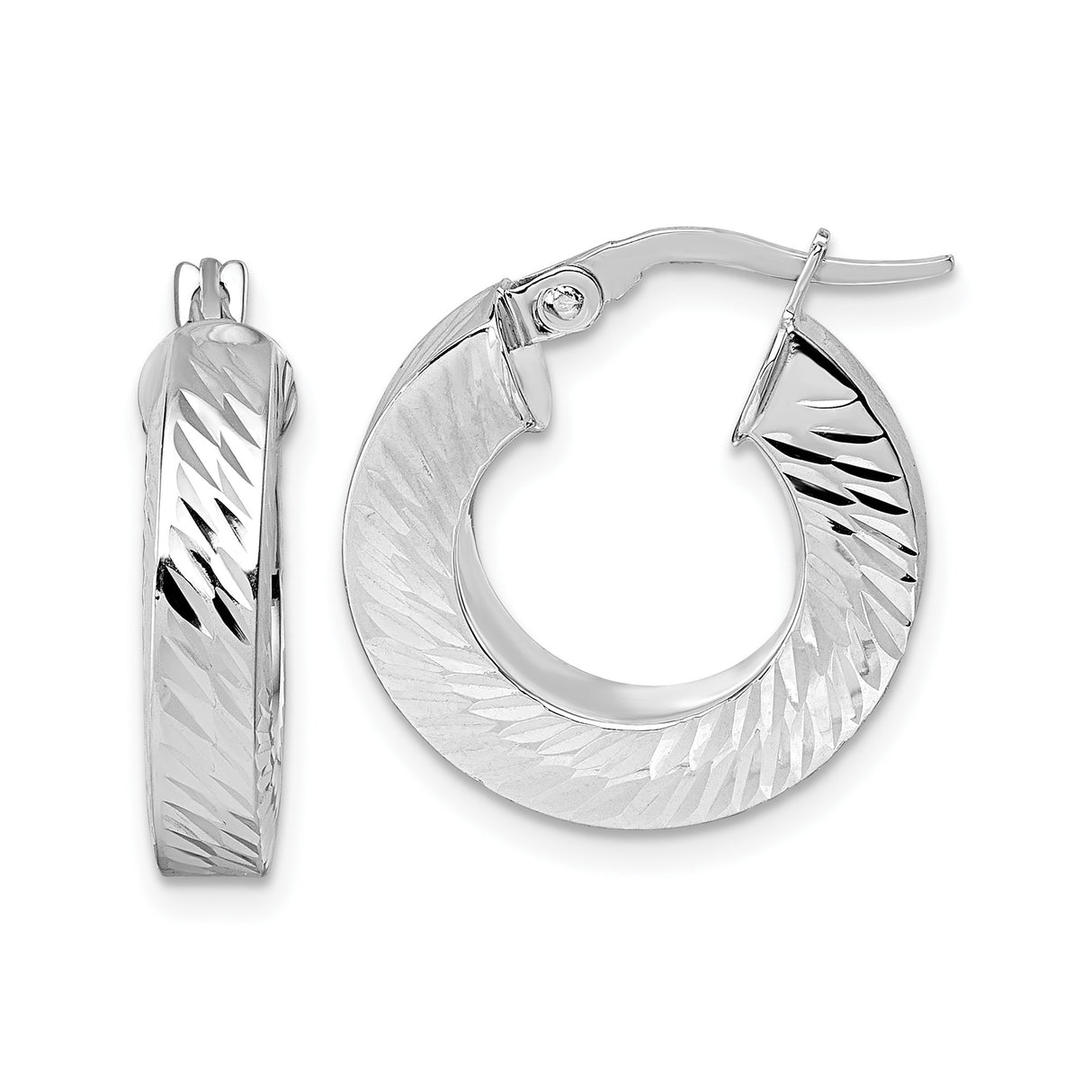 14k Yellow Gold Hoop Earrings, Diamond Cut Round Dual Tone Rhodium Accents, Medium Size