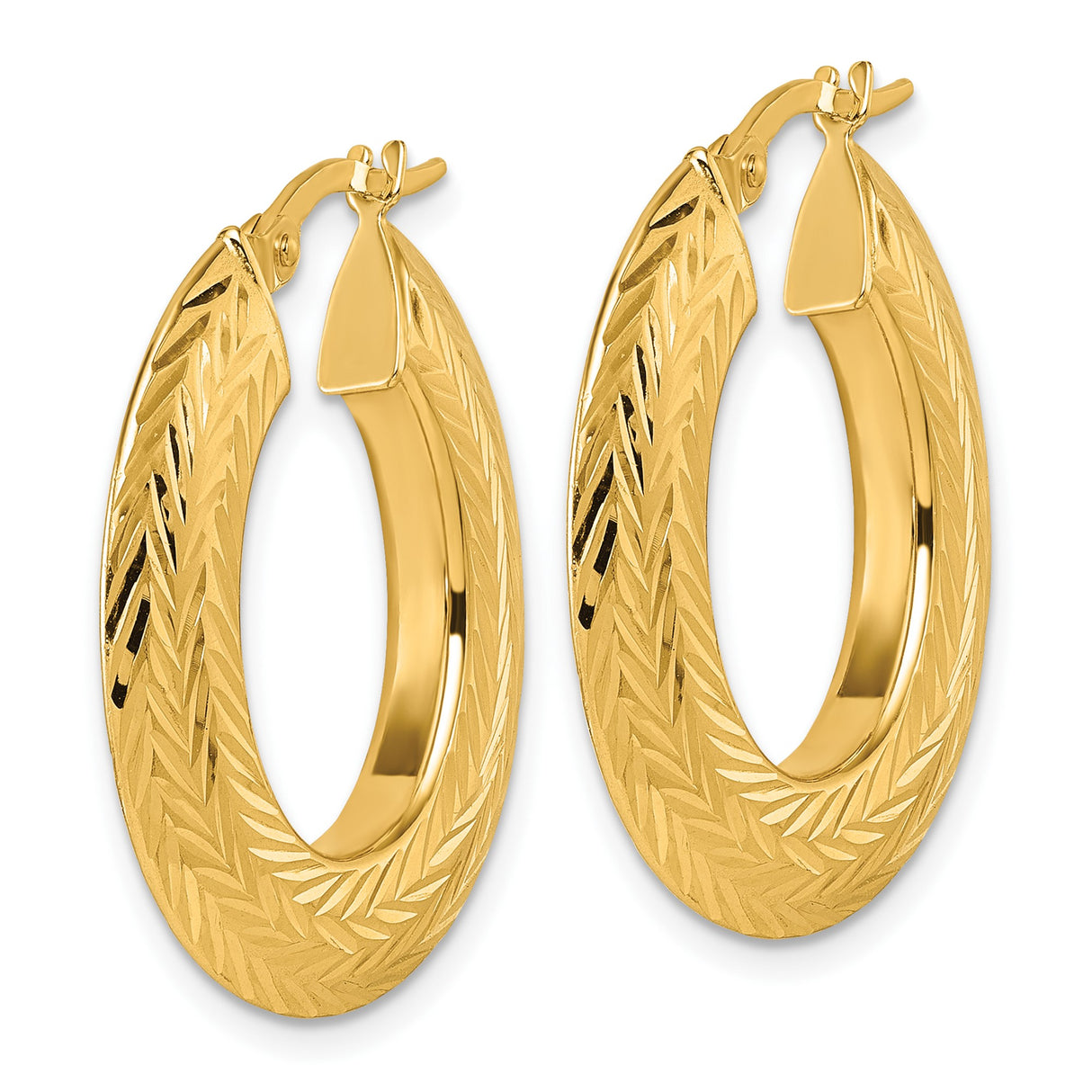 14k Yellow Gold Hoop Earrings, Textured Chevron Design, Polished Finish, Latch-Back Closure