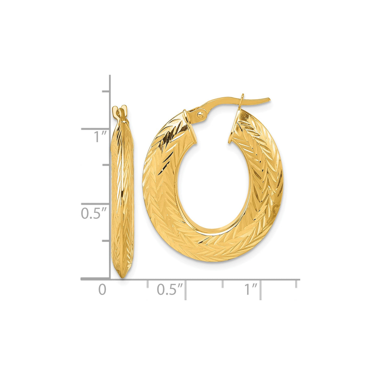 14k Yellow Gold Hoop Earrings, Textured Chevron Design, Polished Finish, Latch-Back Closure