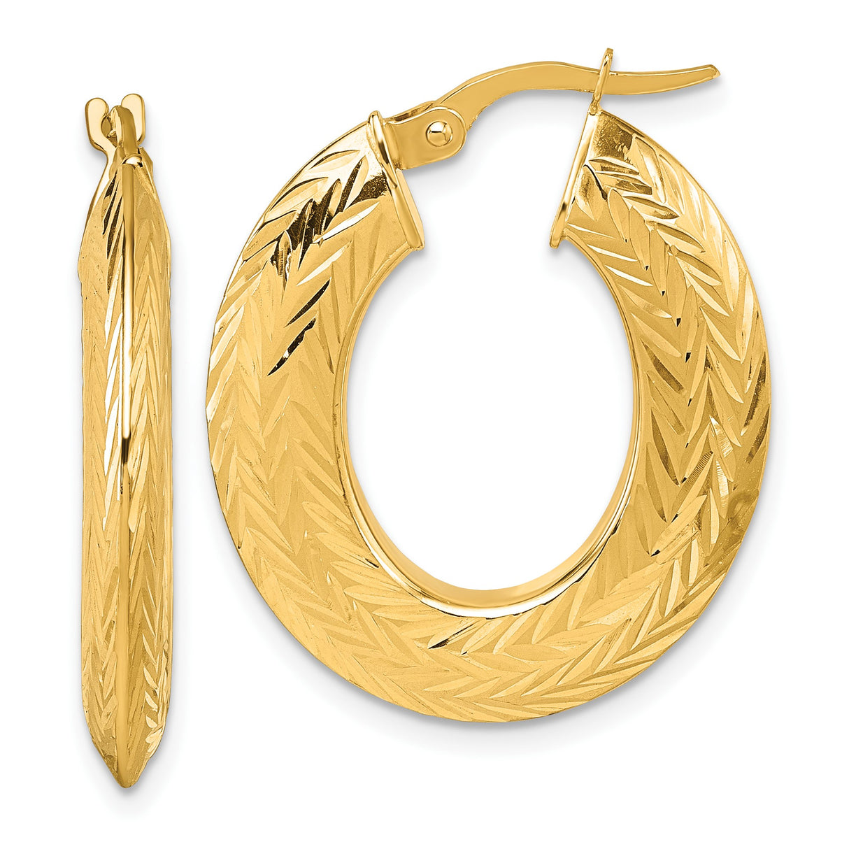 14k Yellow Gold Hoop Earrings, Textured Chevron Design, Polished Finish, Latch-Back Closure