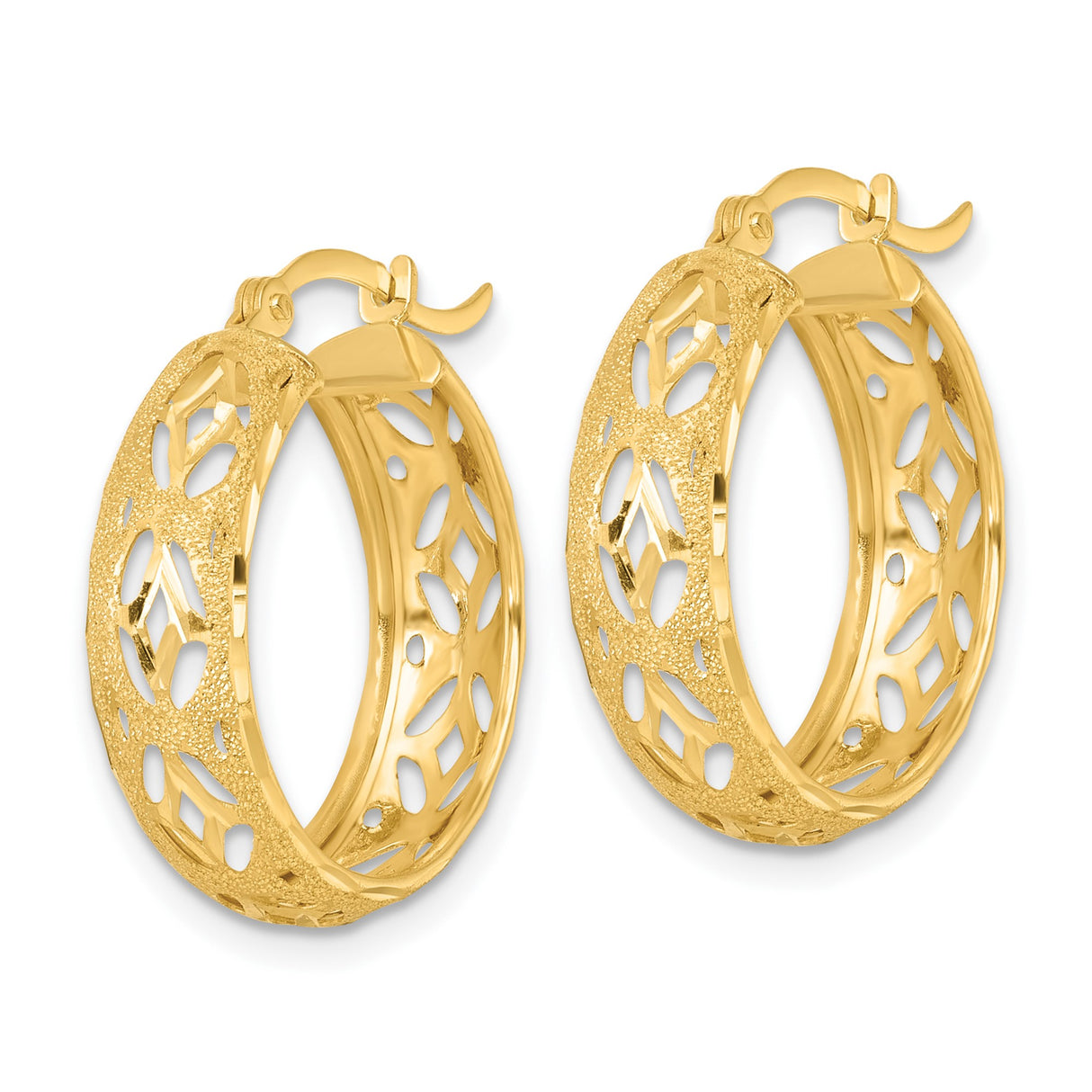 14k Yellow Gold Hoop Earrings, Textured Diamond Cut Filigree, Lightweight Round Design