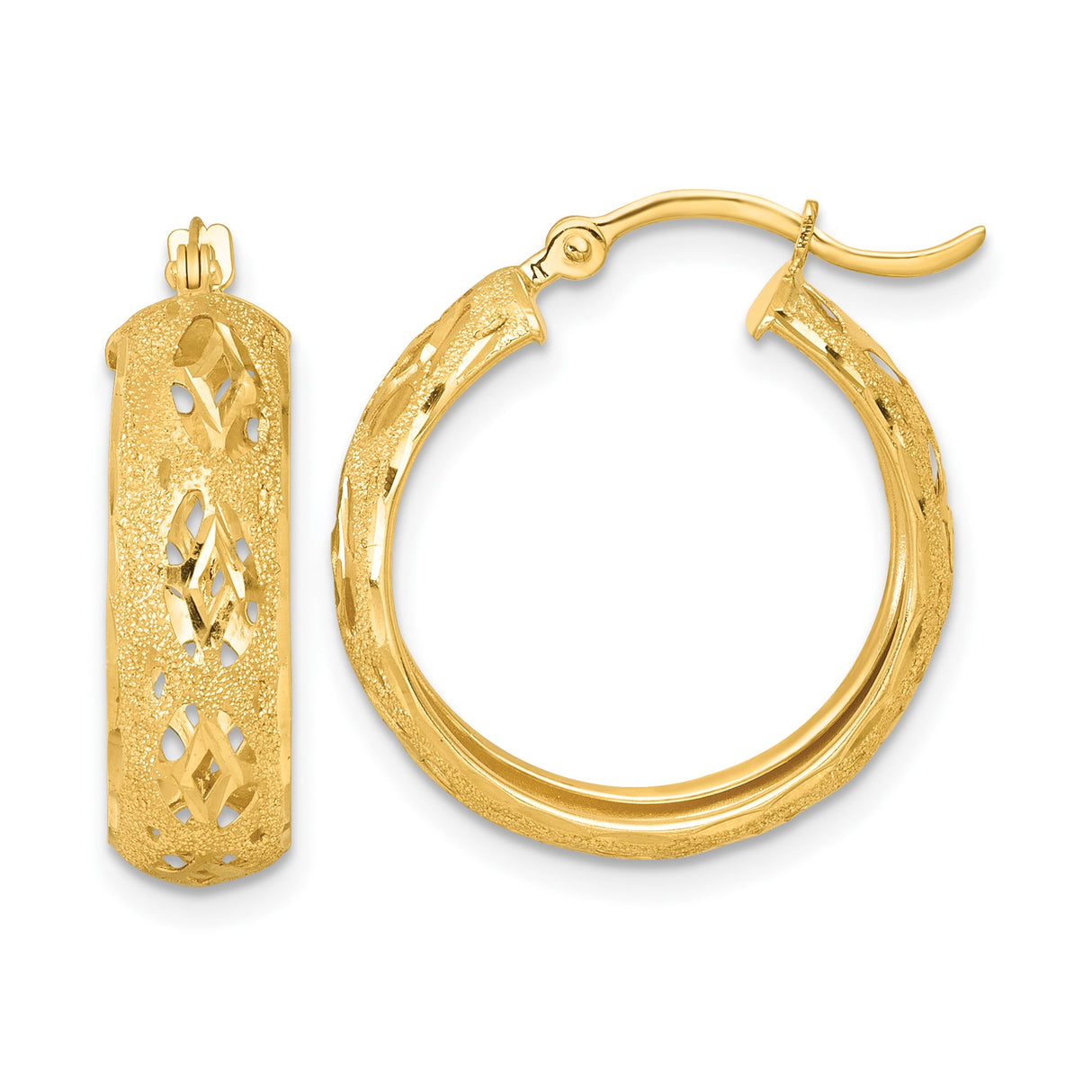 14k Yellow Gold Hoop Earrings, Textured Diamond Cut Filigree, Lightweight Round Design