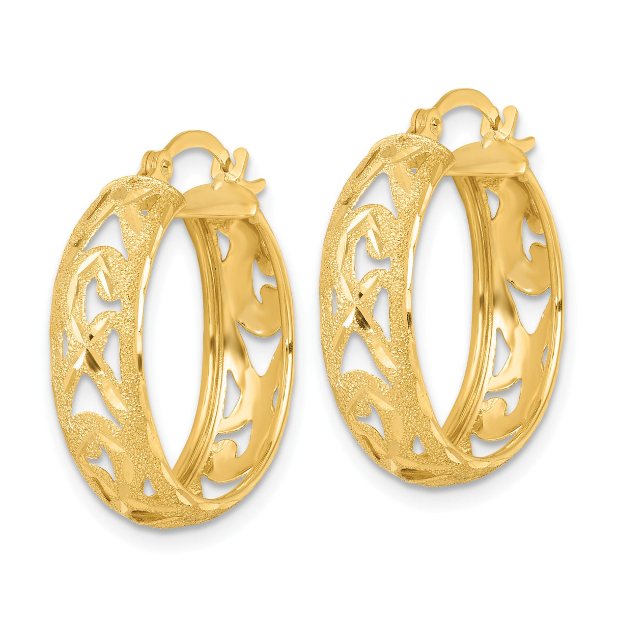 14k Yellow Gold Hoop Earrings, Textured Diamond Cut Openwork Design, Lightweight Round Style
