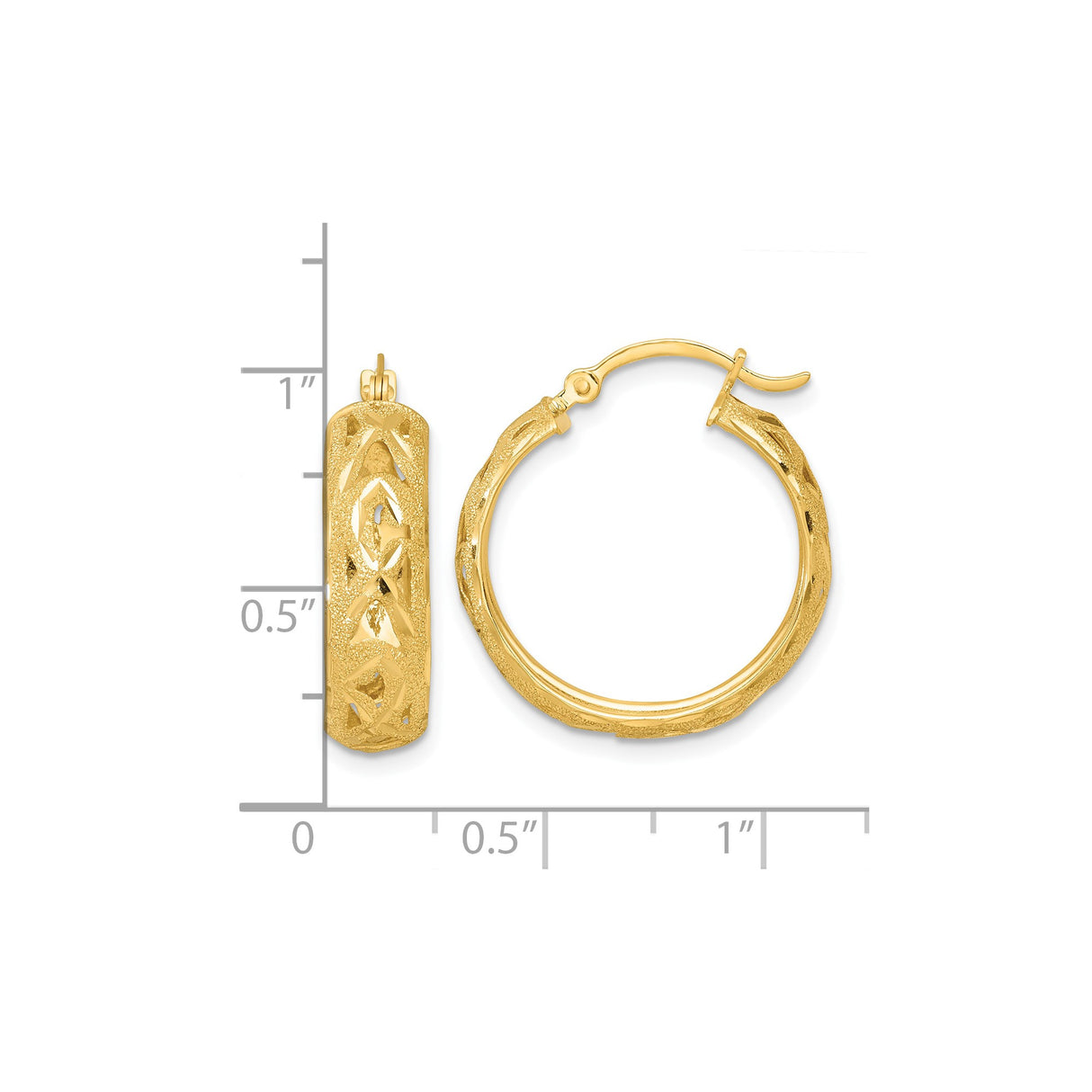 14k Yellow Gold Hoop Earrings, Textured Diamond Cut Openwork Design, Lightweight Round Style